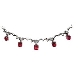 Vintage 3.49ct Natural Oval Cut Pigeon Blood Ruby and Diamond Necklace in 18K White Gold