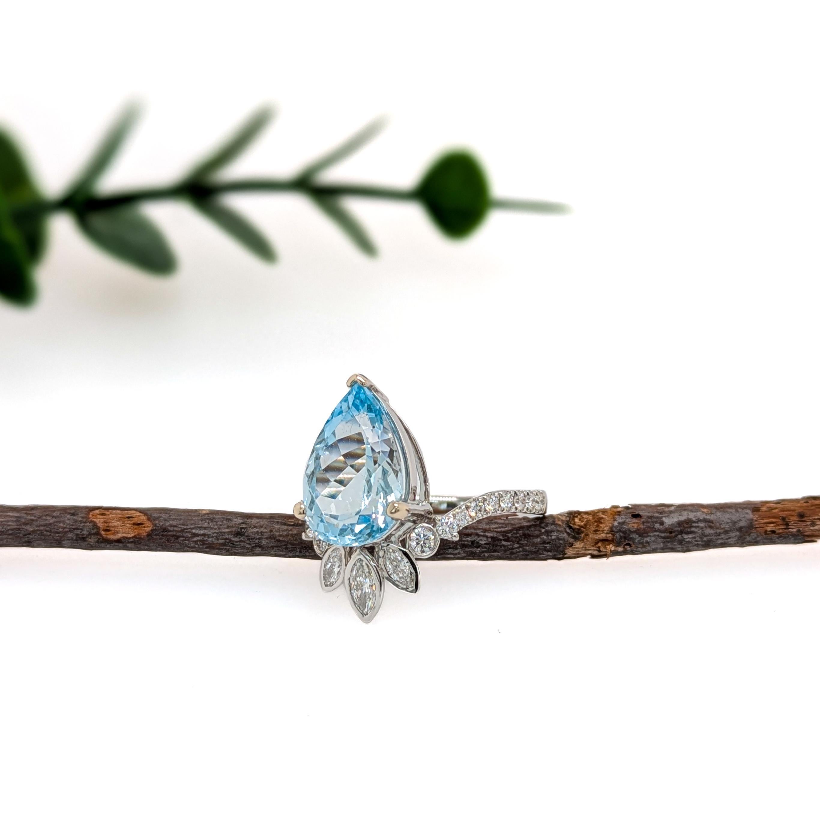 Pear Cut 3.4ct Aquamarine Ring w Earth Mined Diamonds in 14K Solid Gold  PE 13x9mm For Sale