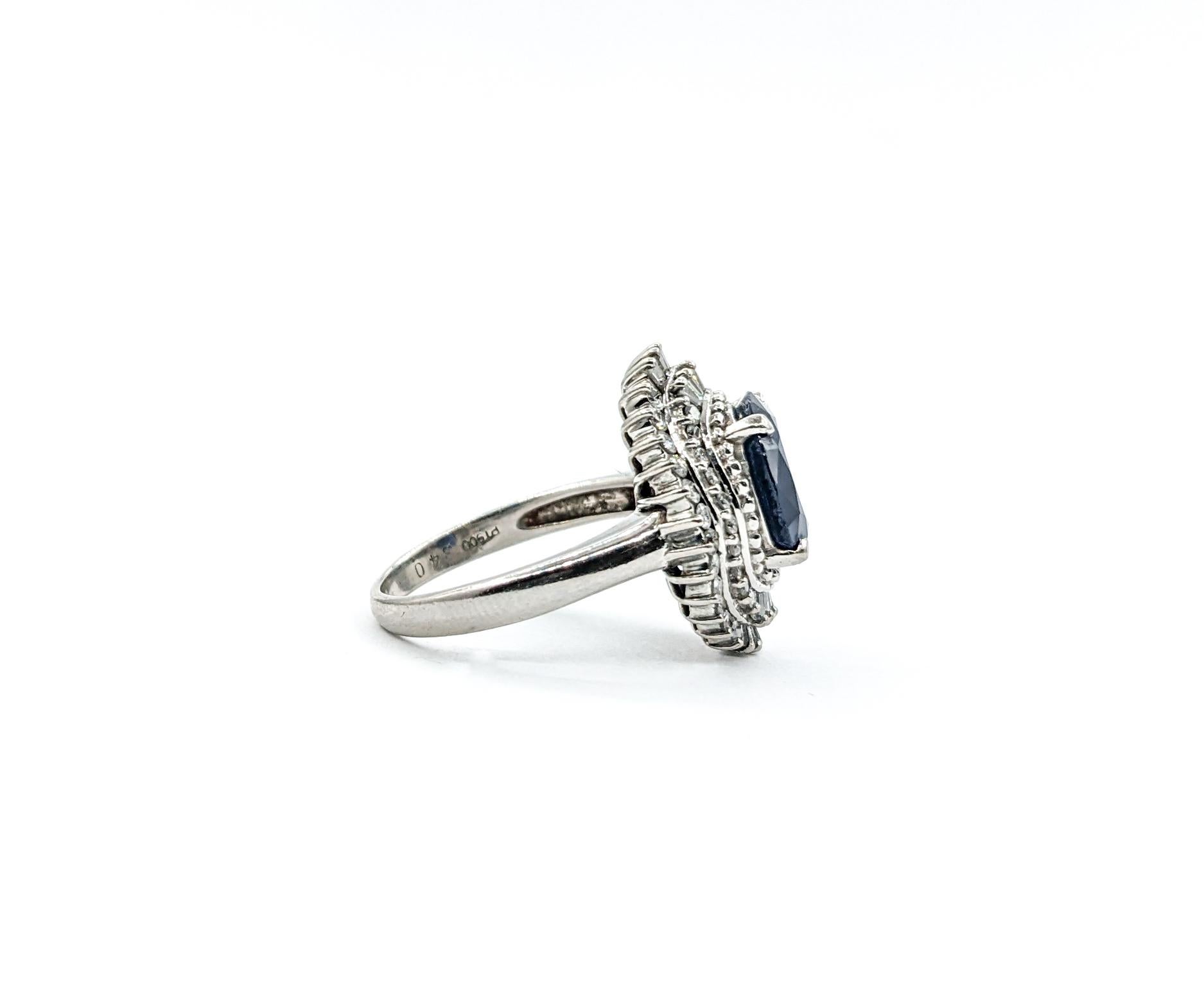 Contemporary 3.4ct Blue Sapphire & Diamond Ring In Platinum For Sale