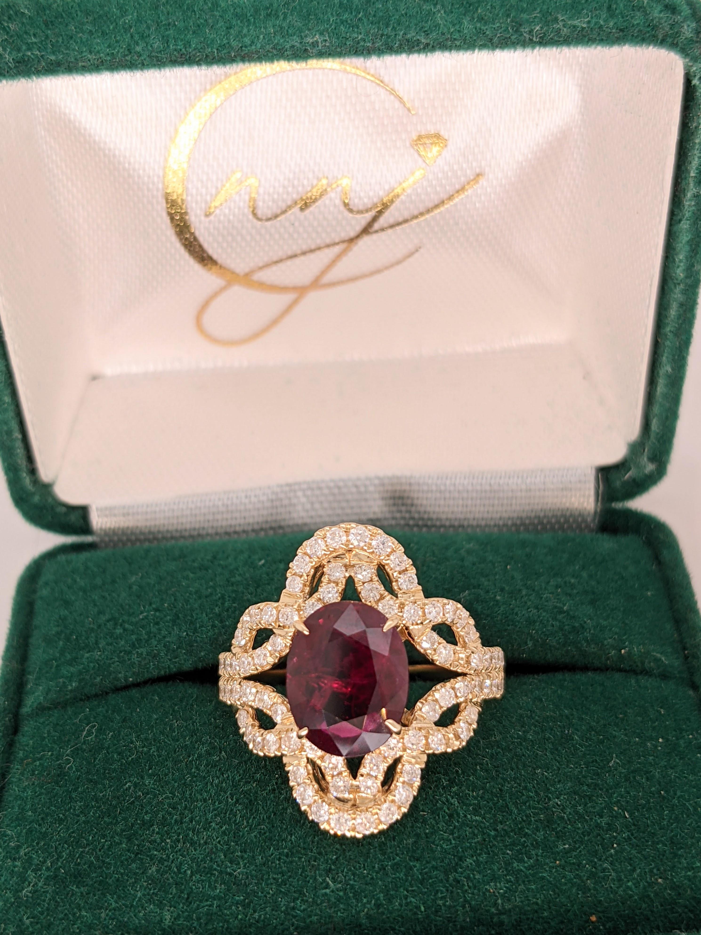 Women's 3.4ct Ruby Ring w Infinity Twist Diamond Halo in 14K Solid Gold Oval 9.5x6.5mm For Sale