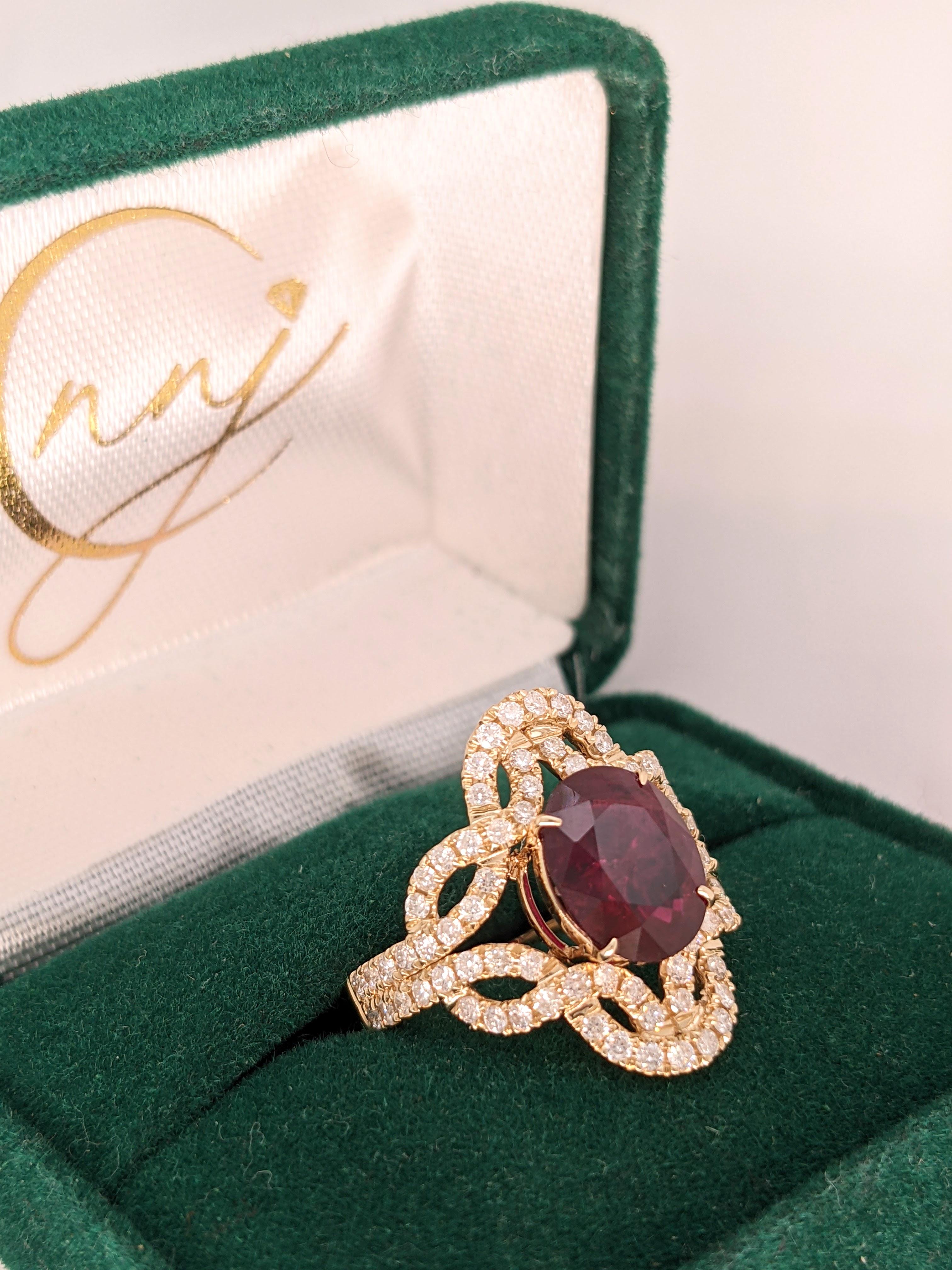 3.4ct Ruby Ring w Infinity Twist Diamond Halo in 14K Solid Gold Oval 9.5x6.5mm For Sale 1