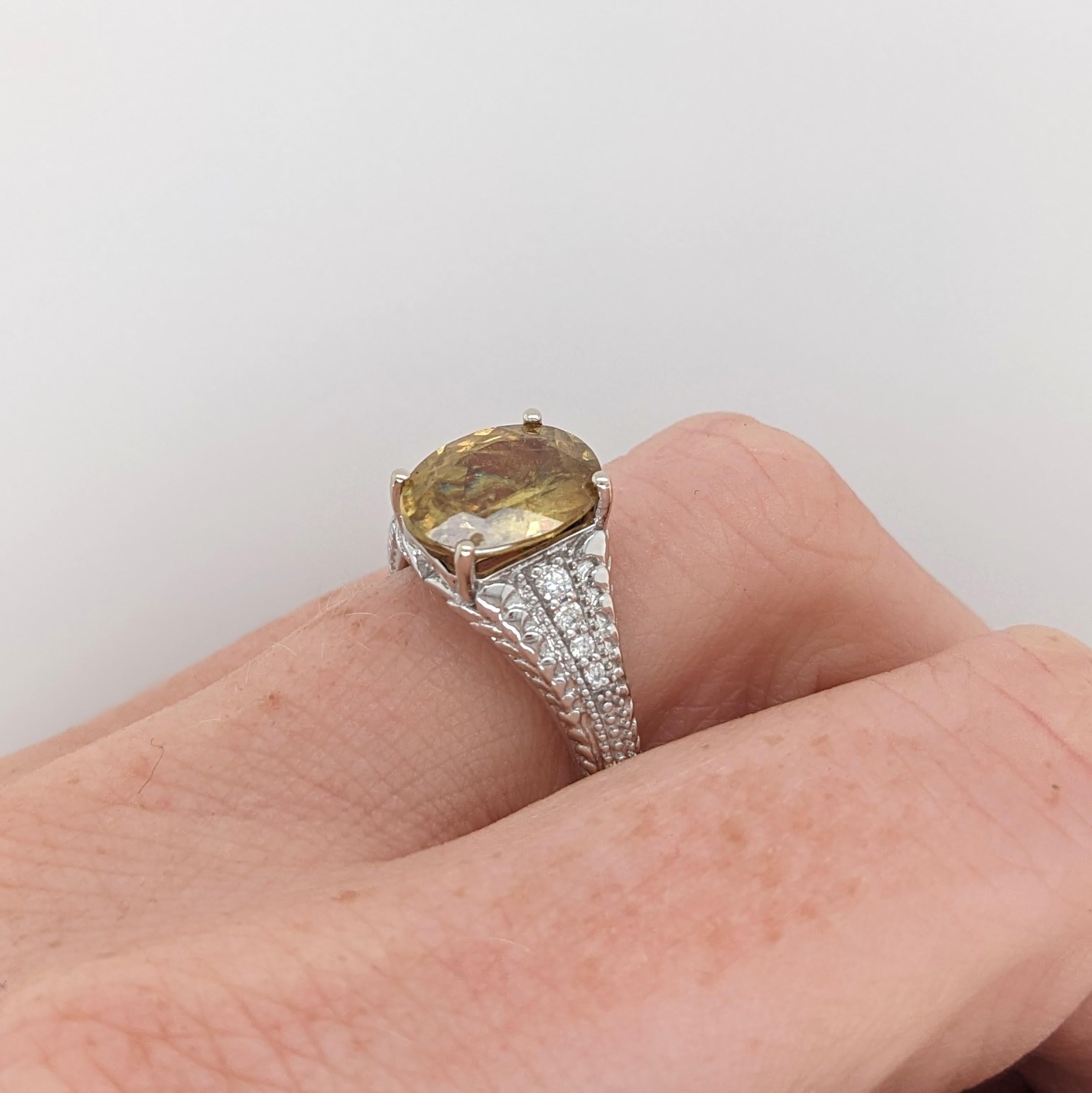 Modern 3.4ct Sphene Ring w Earth Mined Diamonds in Solid 14K White Gold Oval 10.4x8mm