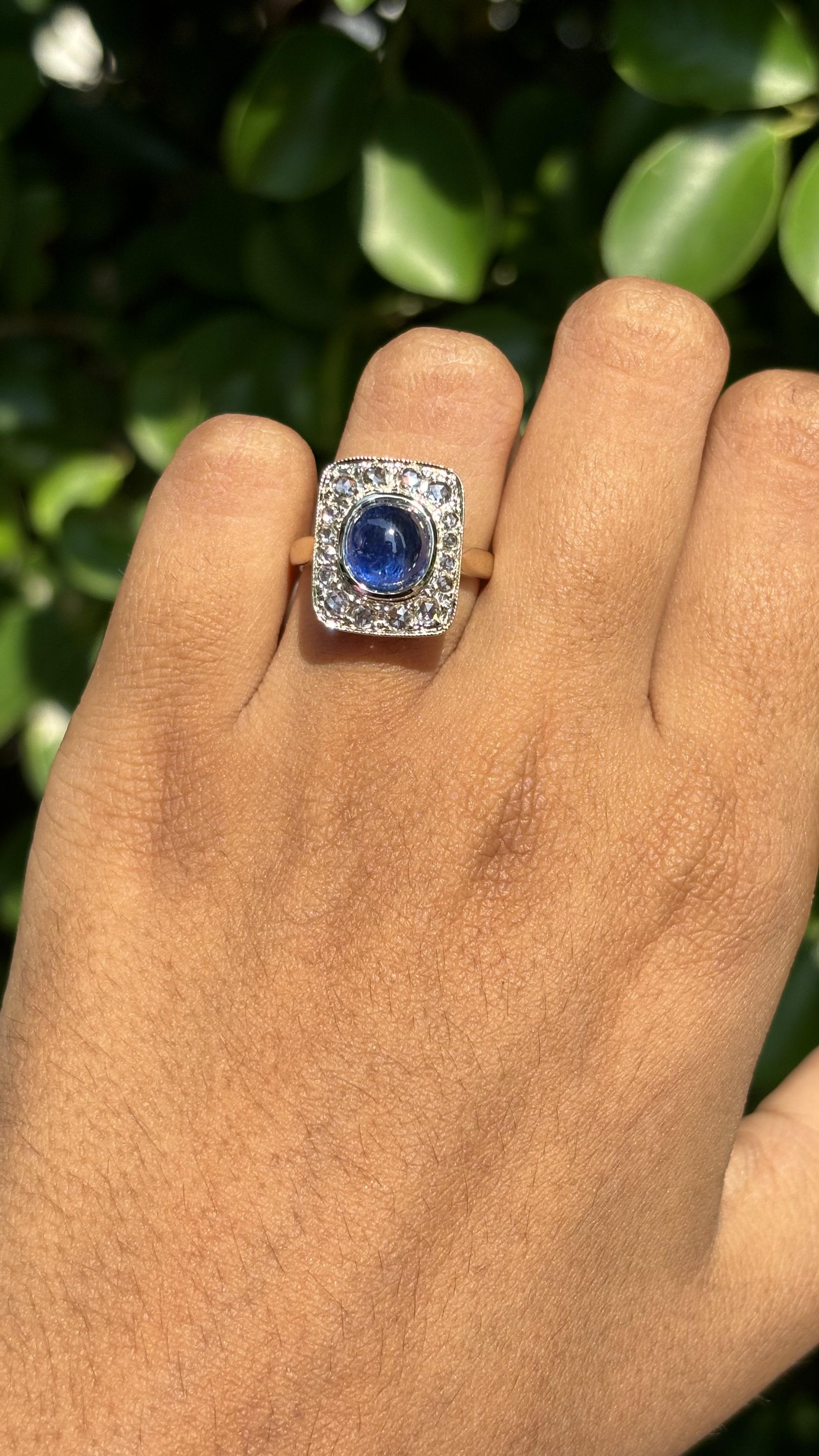 Art Deco 3.4ct Sugarloaf Sapphire & Rose Cut Diamond 18K Gold Statement Ring