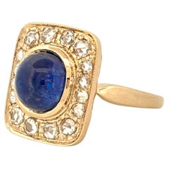 3.4ct Sugarloaf Sapphire & Rose Cut Diamond 18K Gold Statement Ring