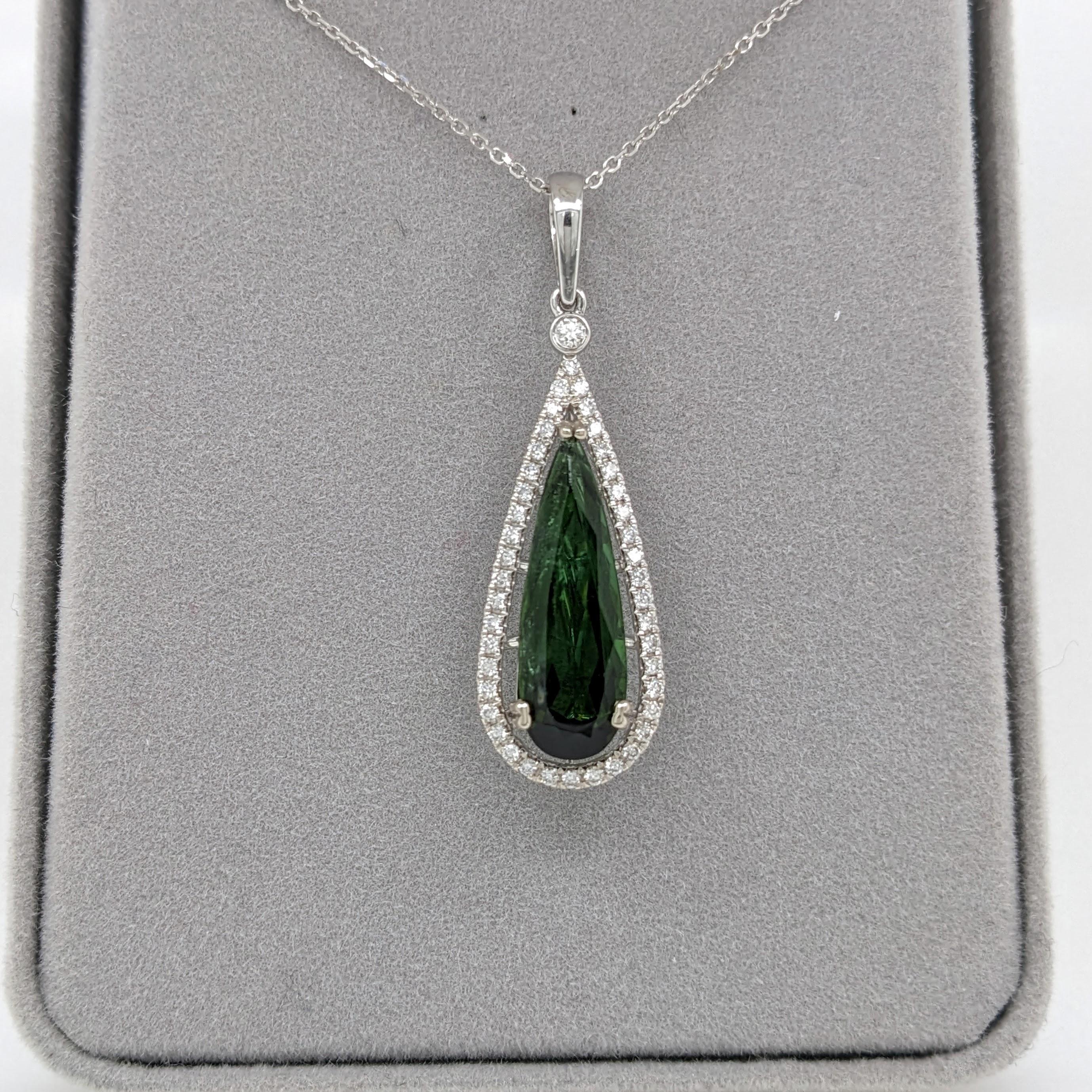 Pear Cut 3.4ct Tourmaline Pendant w Earth Mined Diamonds in Solid 14K Gold Pear 20x6mm For Sale