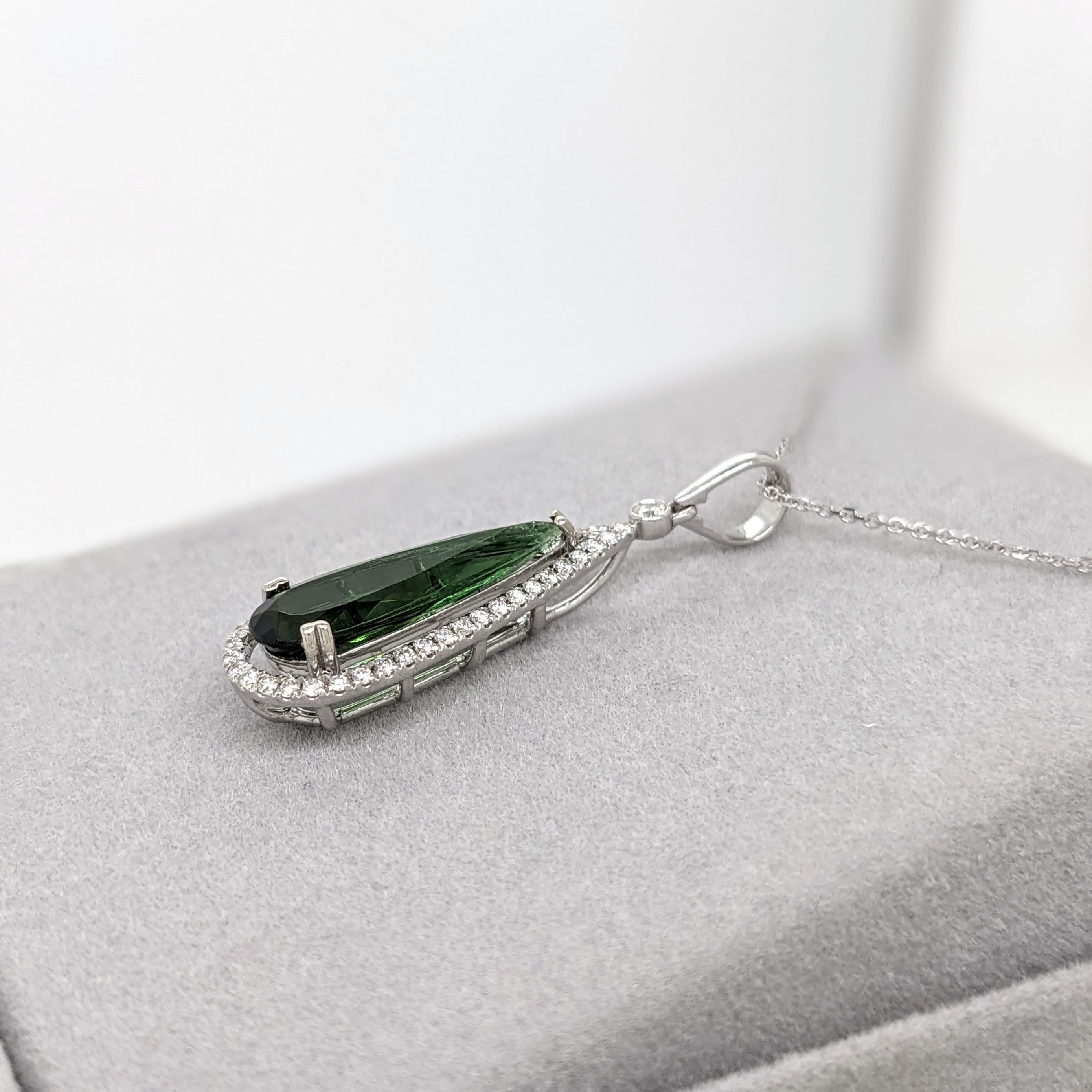 Women's 3.4ct Tourmaline Pendant w Earth Mined Diamonds in Solid 14K Gold Pear 20x6mm For Sale