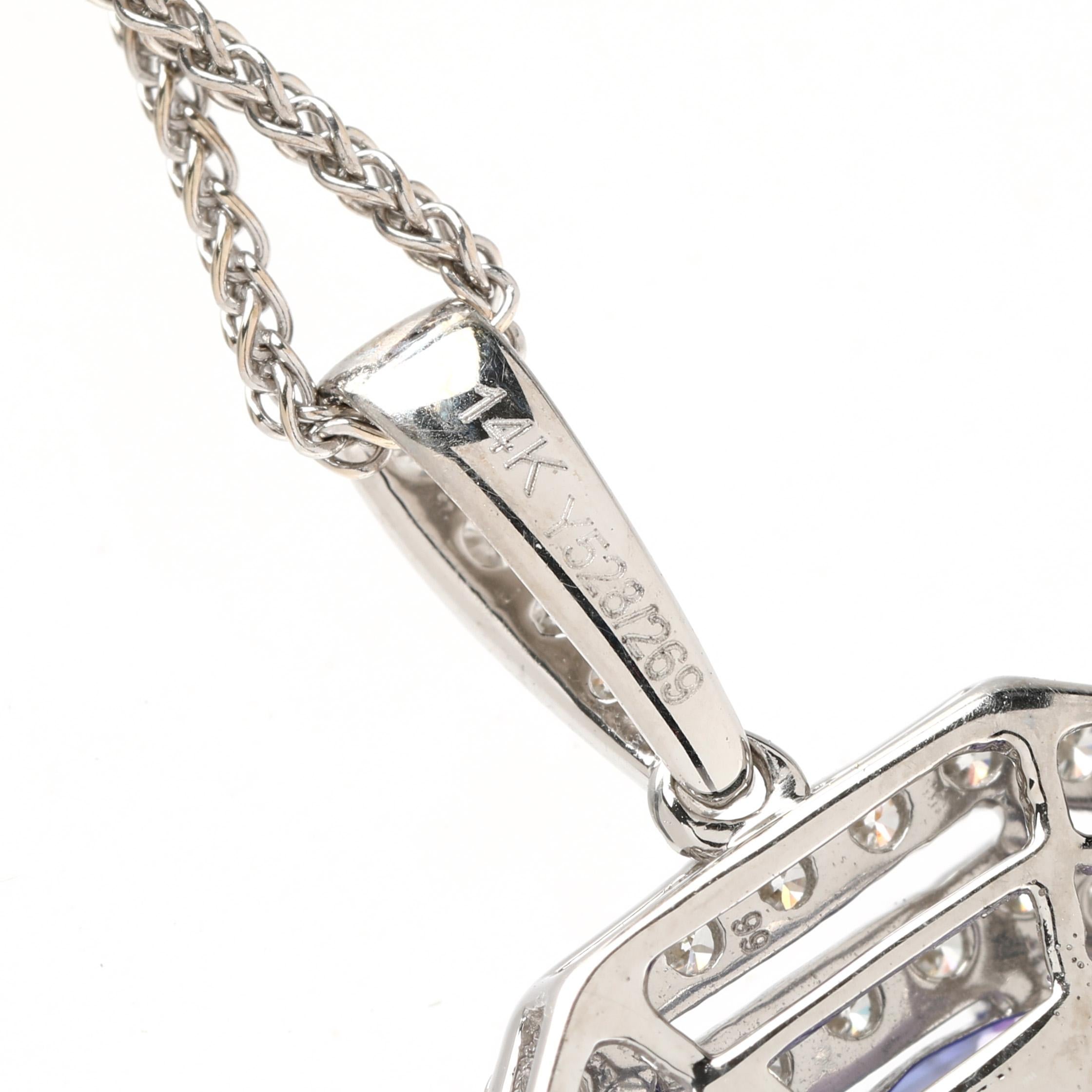 3,4ctw Tansanit und Diamant Twin Halo Anhänger Halskette, 14k Weißgold, 20 In. (Smaragdschliff) im Angebot