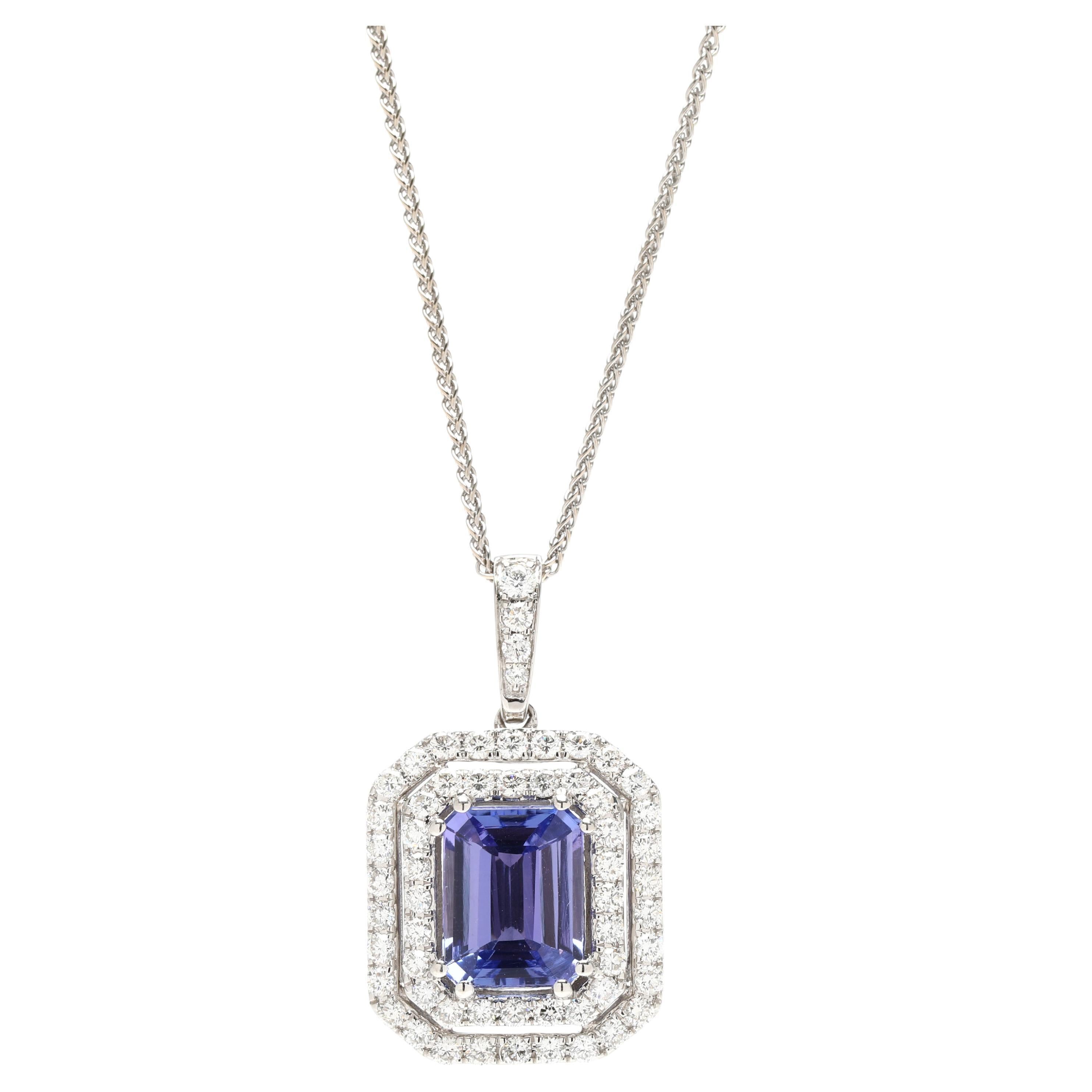 3,4ctw Tansanit und Diamant Twin Halo Anhänger Halskette, 14k Weißgold, 20 In.