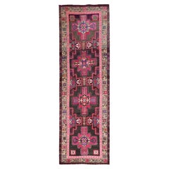 3'4"x10'1" Hot Pink Vintage Persian Hamadan 100% Wool Hand Knotted Runner Rug