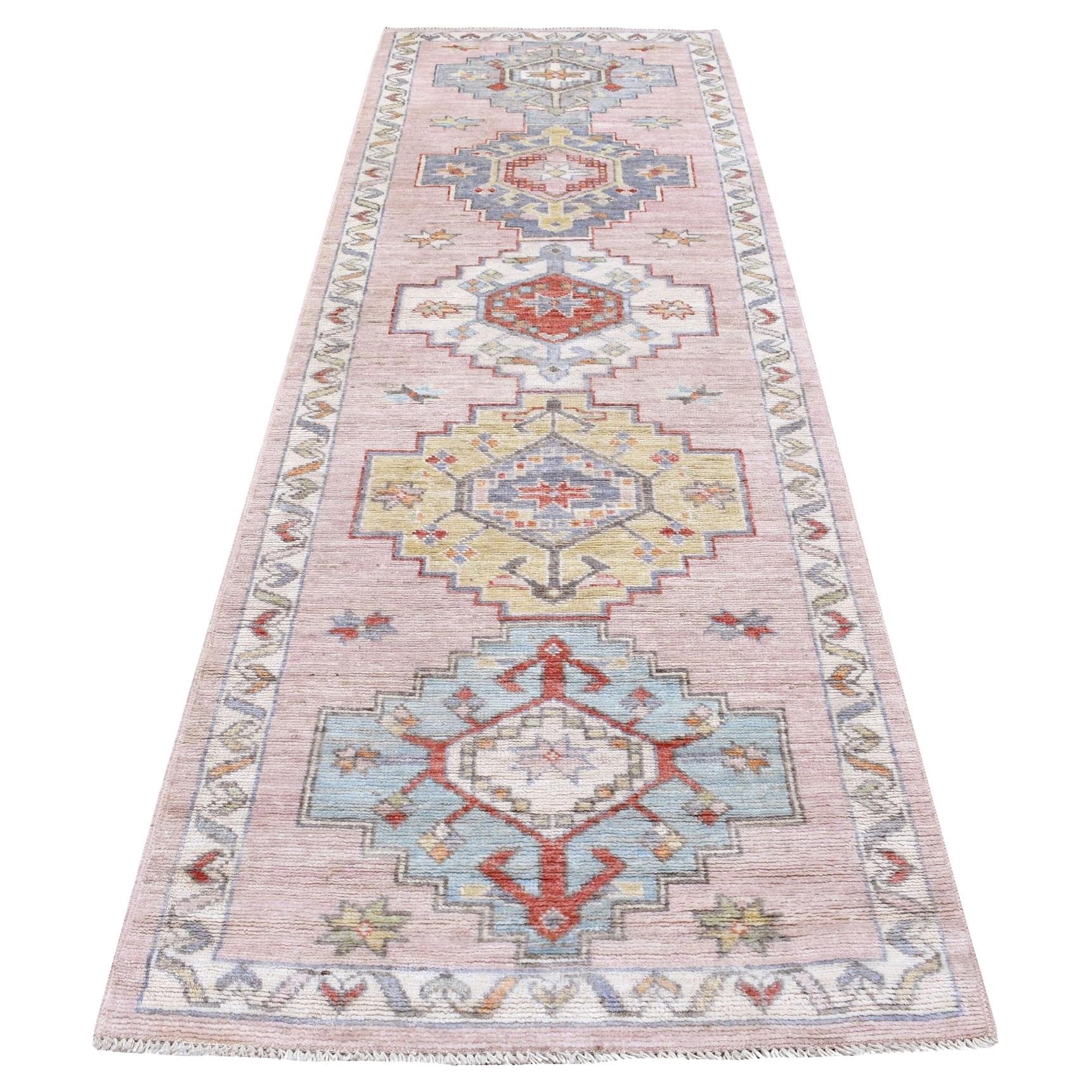 3'4"x10'1" Pink, Hand Knotted Wool, Anatolian Village Inspired Design Runner Rug