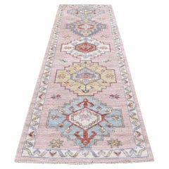 3'4"x10'1" Pink, Hand Knotted Wool, Anatolian Village Inspired Design Runner Rug