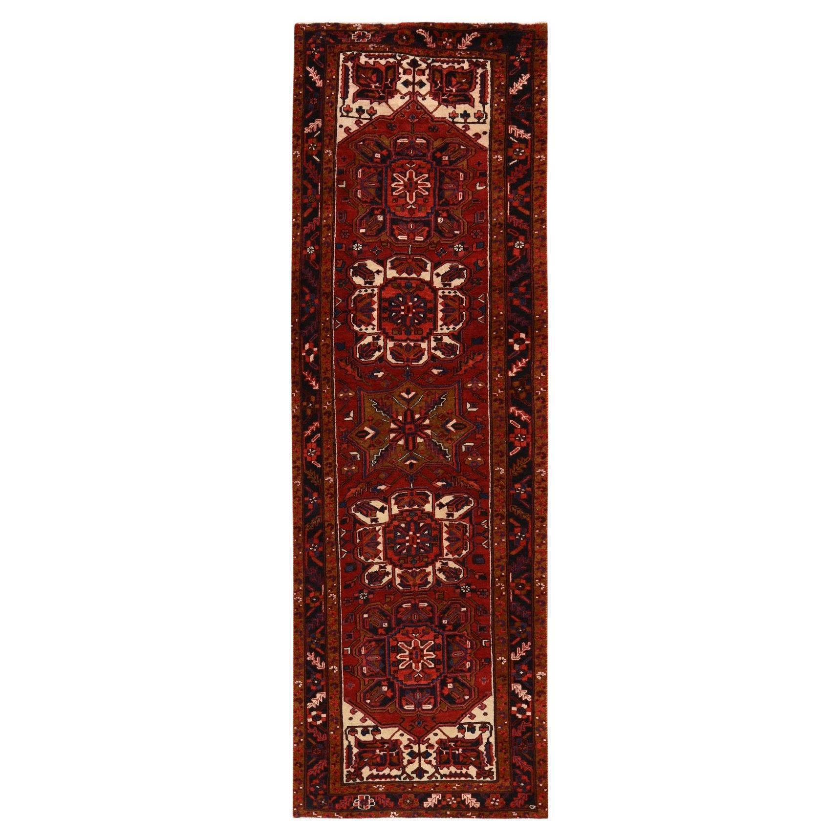 3'4 "x10'9" Red Semi Antique Persian Heriz Full Pile Hand Knotted Wool Runner Rugs
