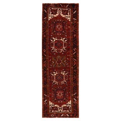 3'4 "x10'9" Red Semi Antique Persian Heriz Full Pile Hand Knotted Wool Runner Rugs