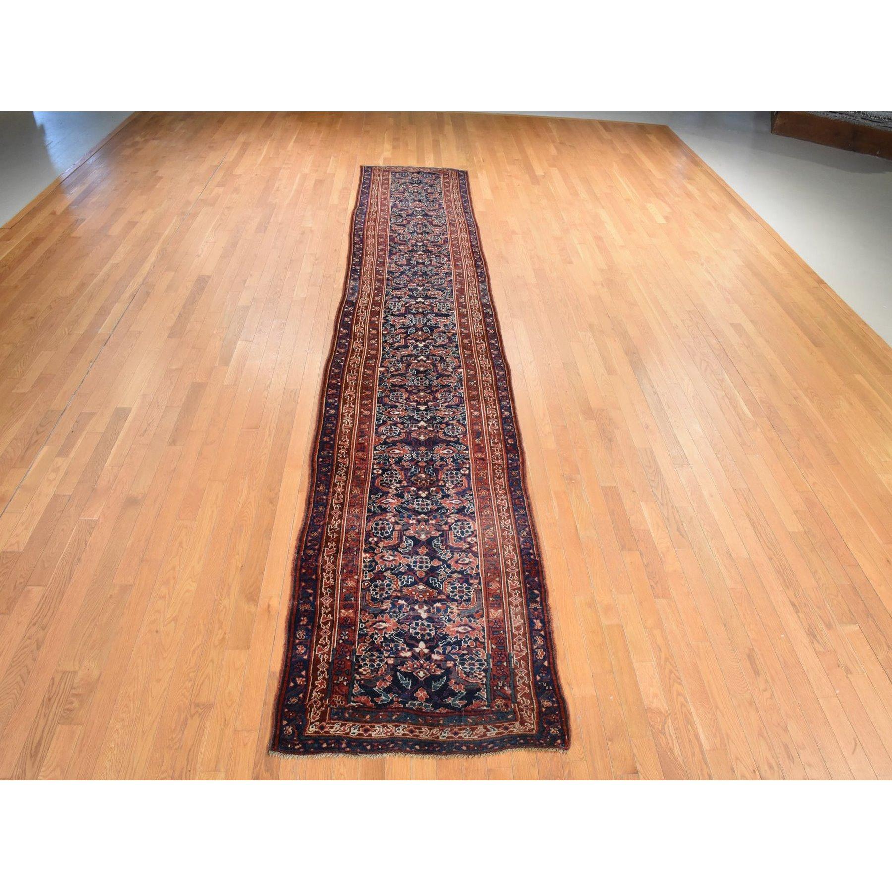 Midnight Blue, Antique Kurdish Bijar Persian Rug, Good Condition, Clean and Soft, Geometric Fish Mahi Herat Design, 100% Wool, Hand Knotted, Full Pile, Wide Runner, Oriental
Primary materials: Wool
Latex: No Pile 
height: 0.25 Inches
Style: