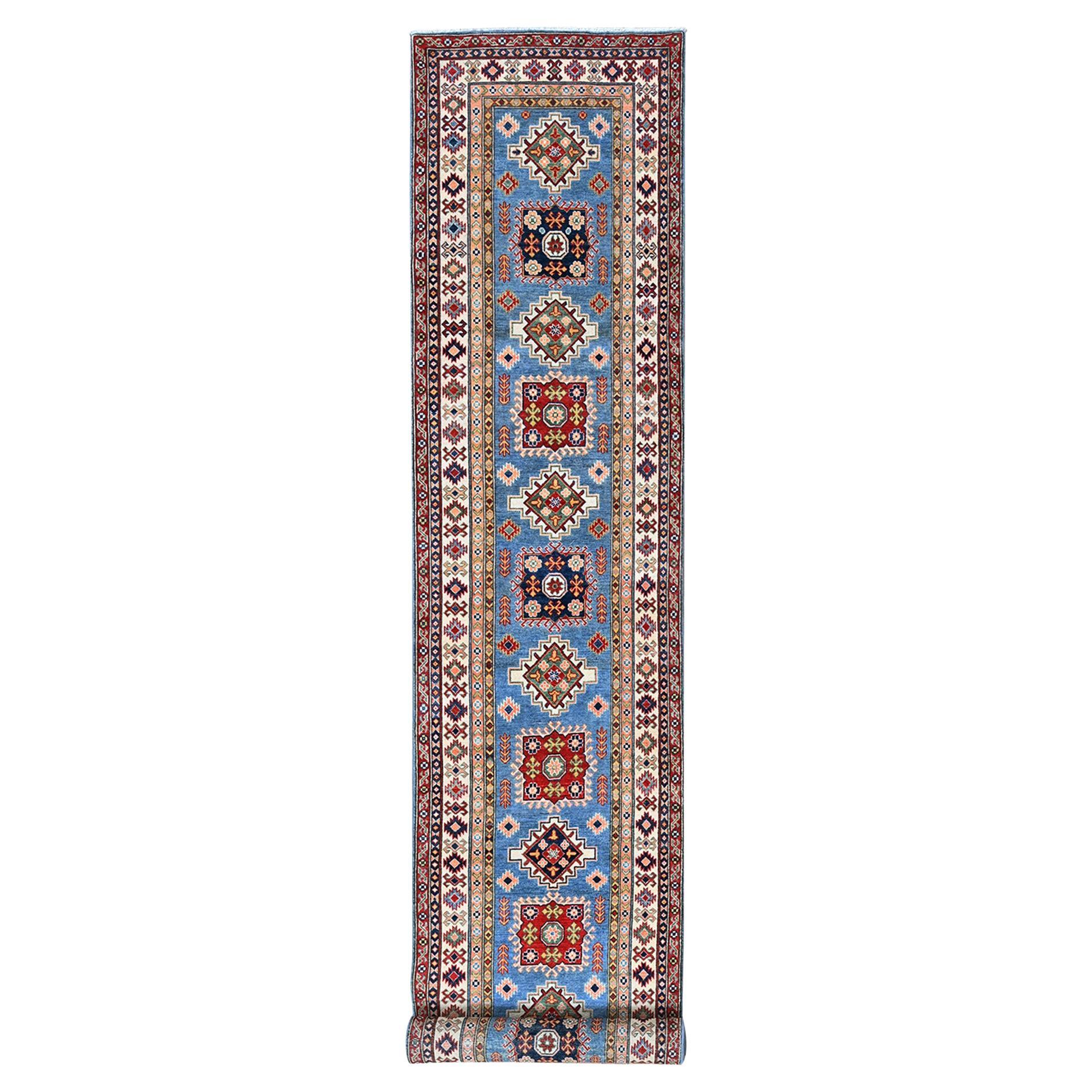 3'4"x19'6" Blue Kazak with Medallions Design Soft Wool Hand Knotted Runner Rug