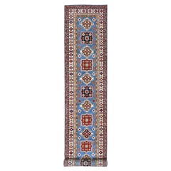 3'4"x19'6" Blauer Kazak-Läufer aus weicher Wolle mit Medaillons-Design, handgeknüpft