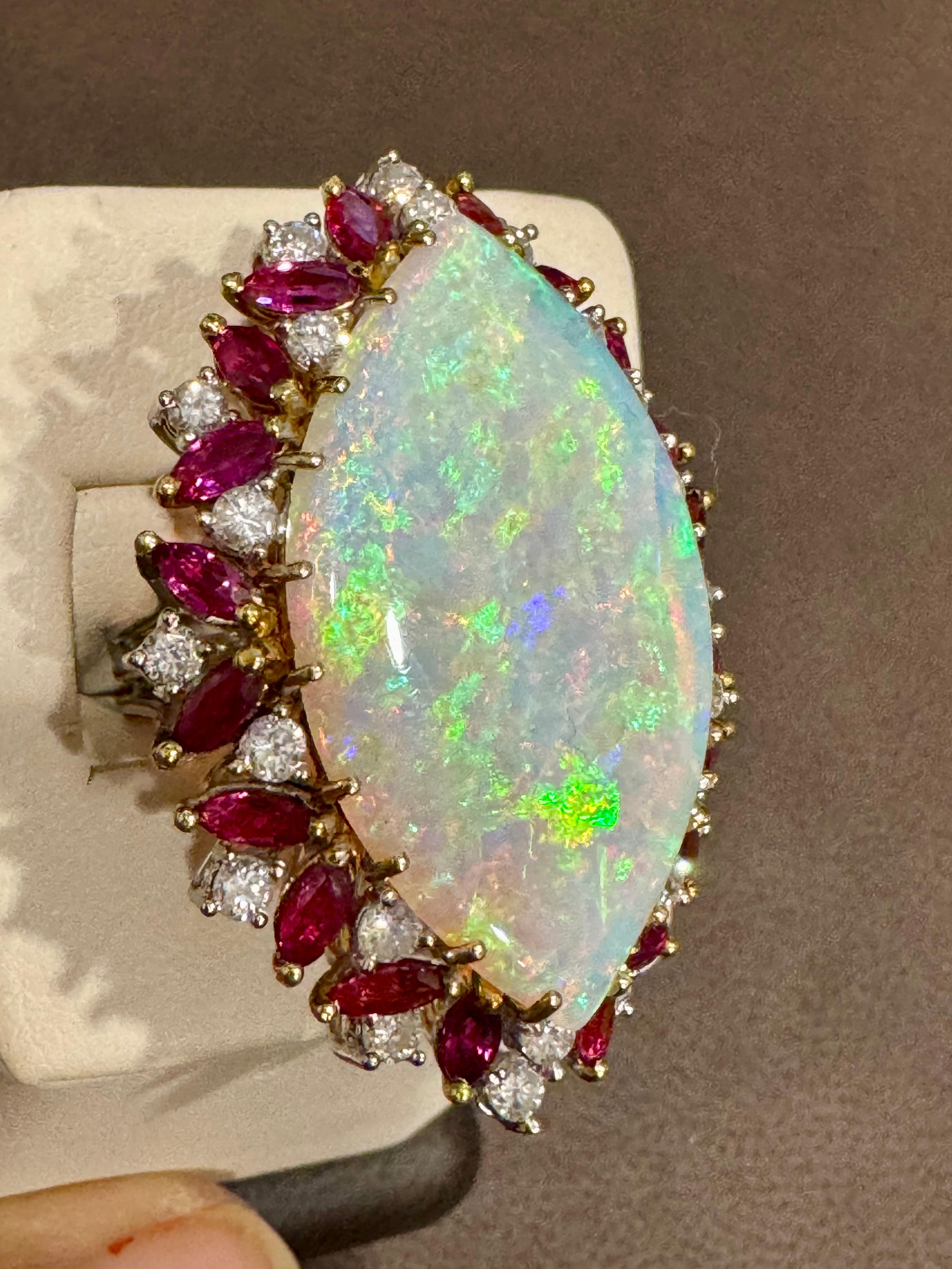 34X20 MM Marquise Opal , Diamond & Ruby 14 Kt Yellow Gold Cocktail Ring, 1960's For Sale 5