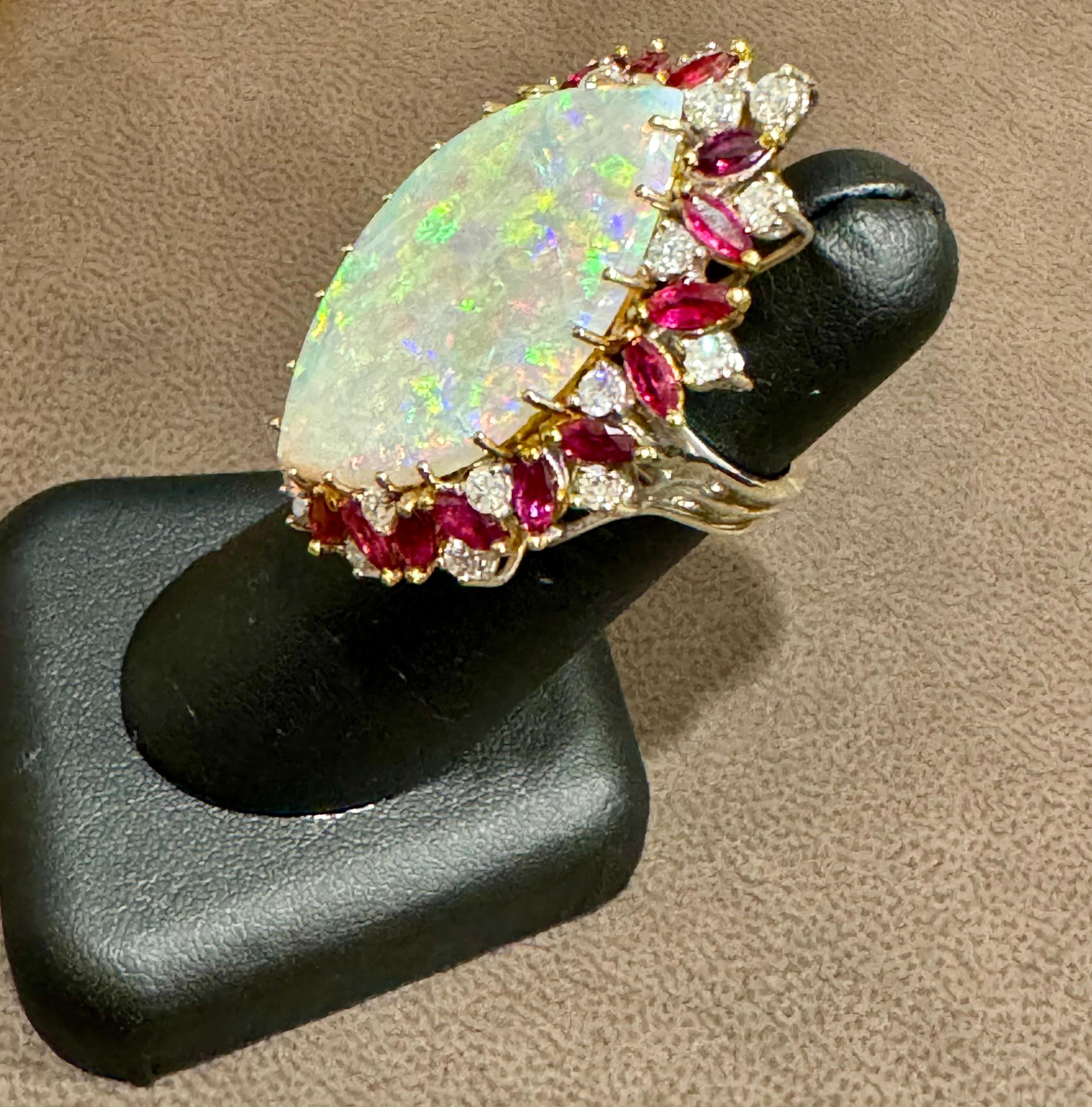 34X20 MM Marquise Opal , Diamond & Ruby 14 Kt Yellow Gold Cocktail Ring, 1960's 7