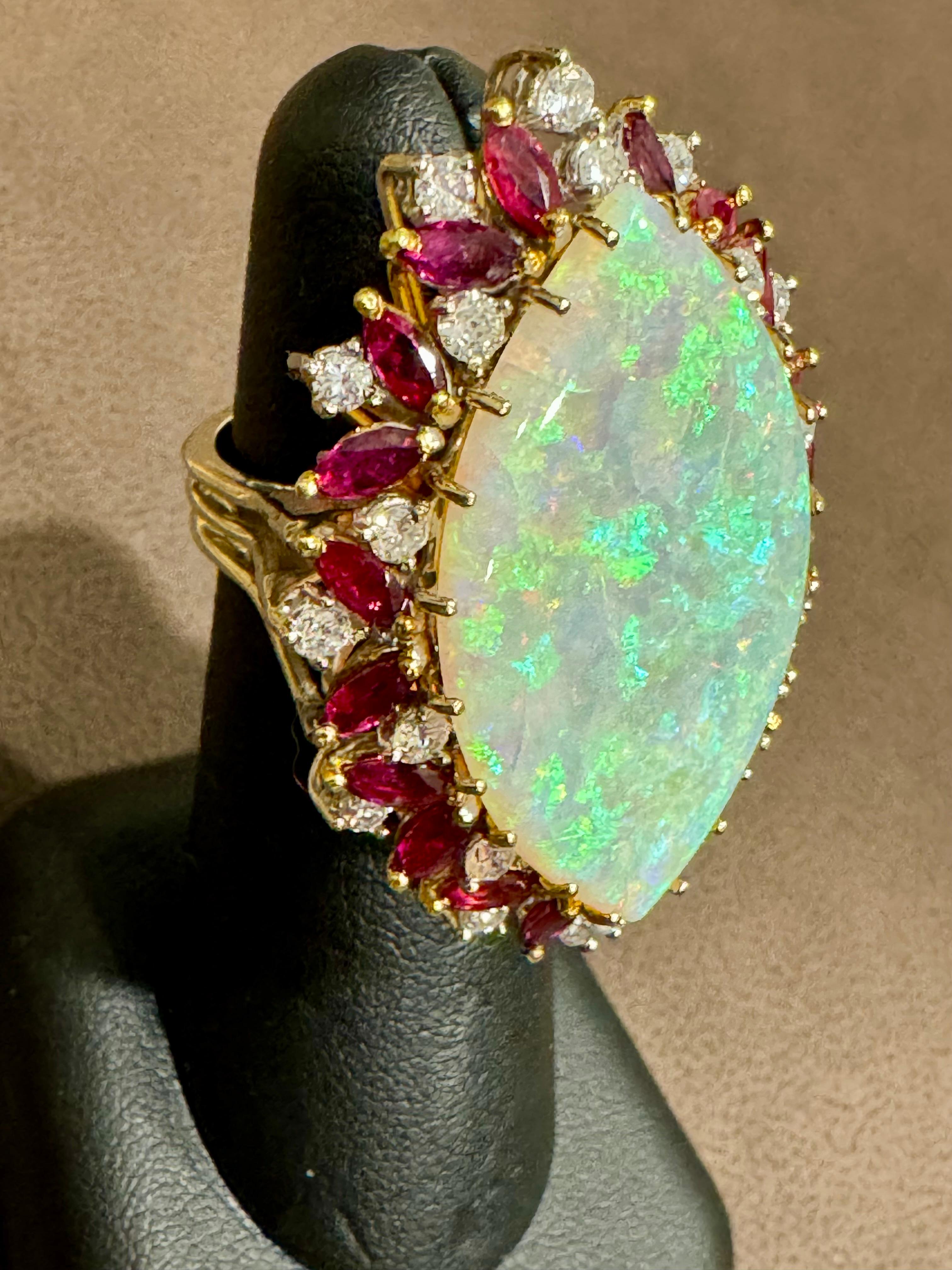 34X20 MM Marquise Opal , Diamond & Ruby 14 Kt Yellow Gold Cocktail Ring, 1960's For Sale 8