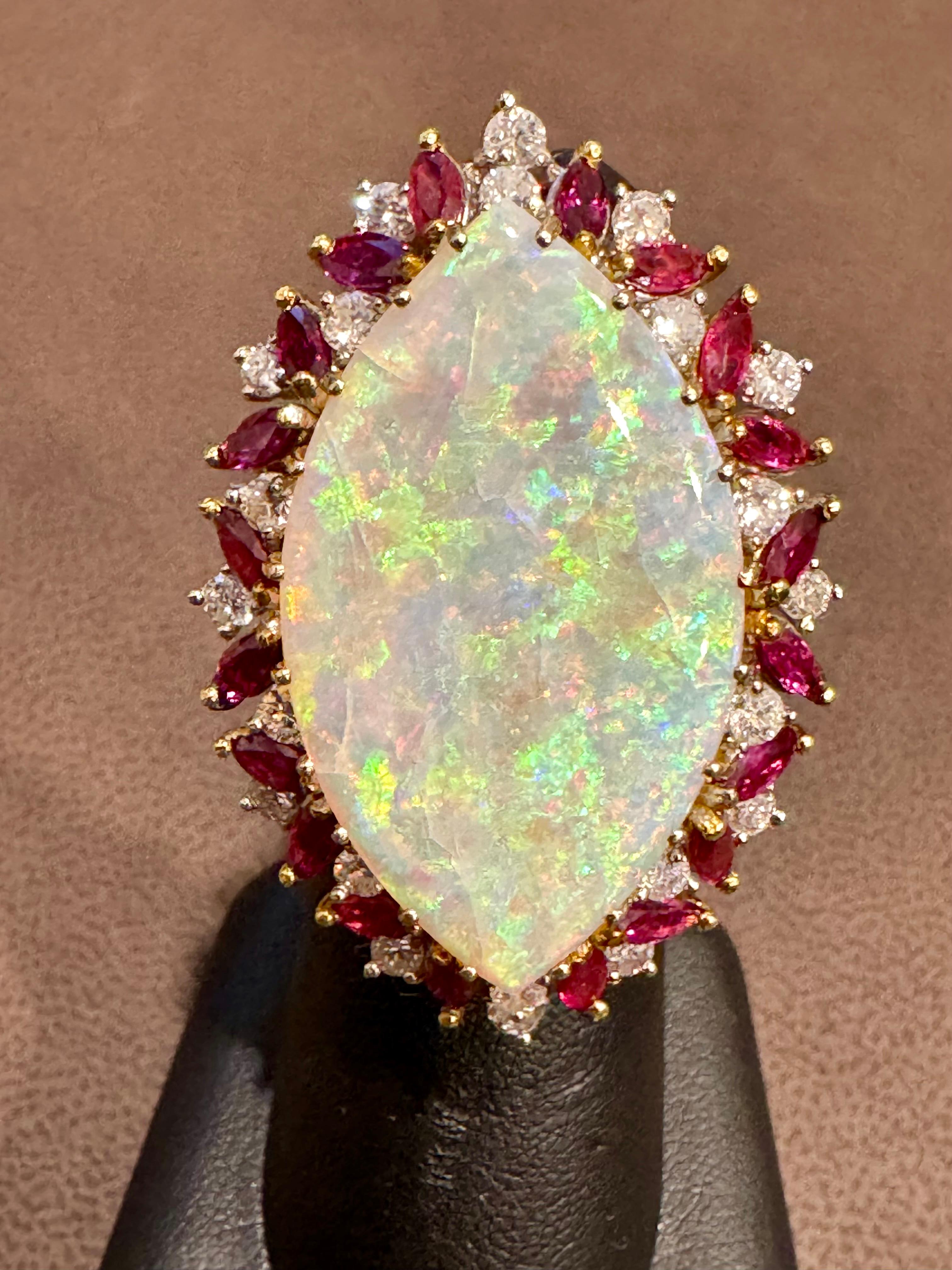 34X20 MM Marquise Opal , Diamond & Ruby 14 Kt Yellow Gold Cocktail Ring, 1960's For Sale 9