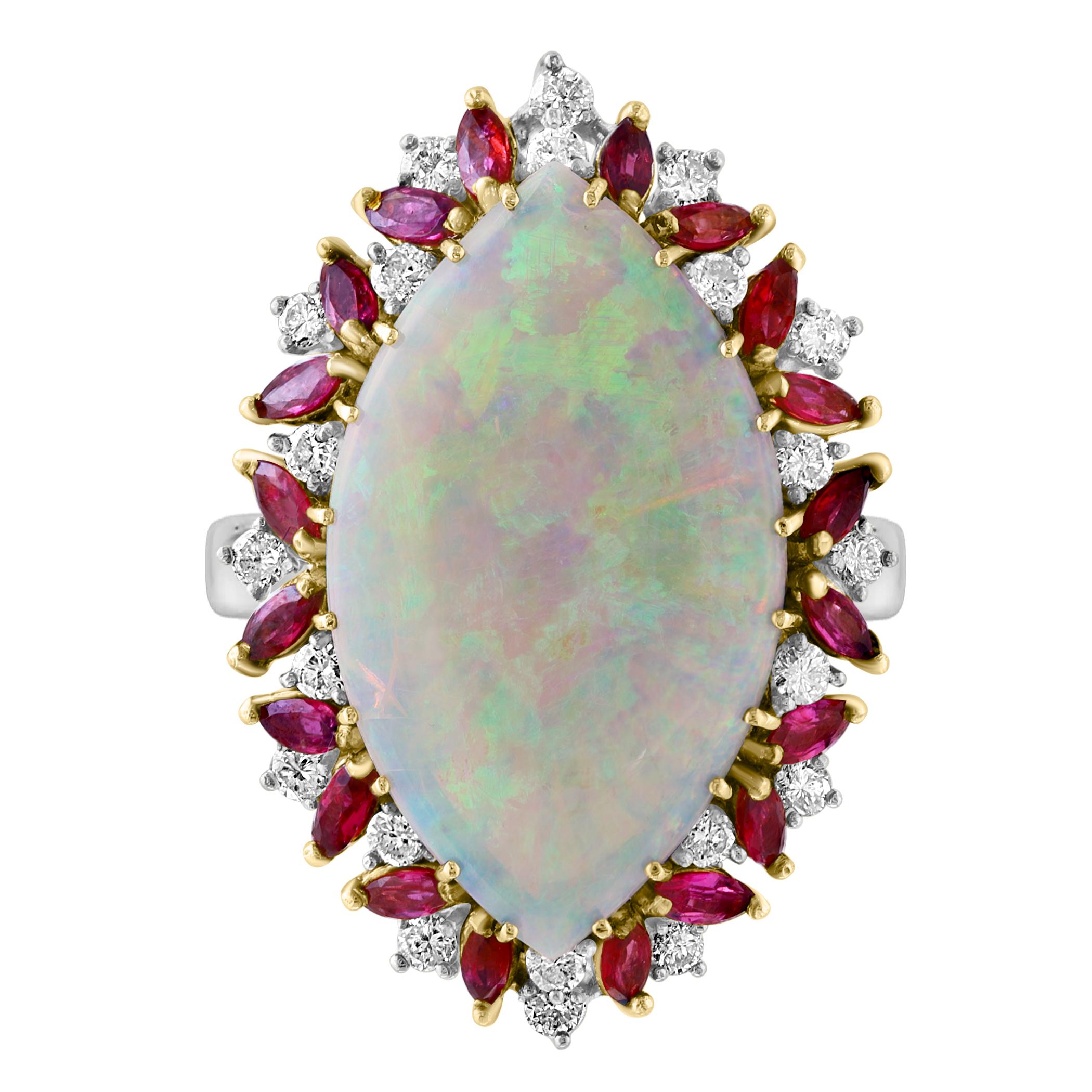 Introducing a timeless cocktail ring featuring a stunning 34.2X19.66X4.25mm Marquise-shaped opal and diamond. This ring showcases a natural opal with mesmerizing colors, exhibiting excellent quality and clarity. The opal's sizable Marquise shape