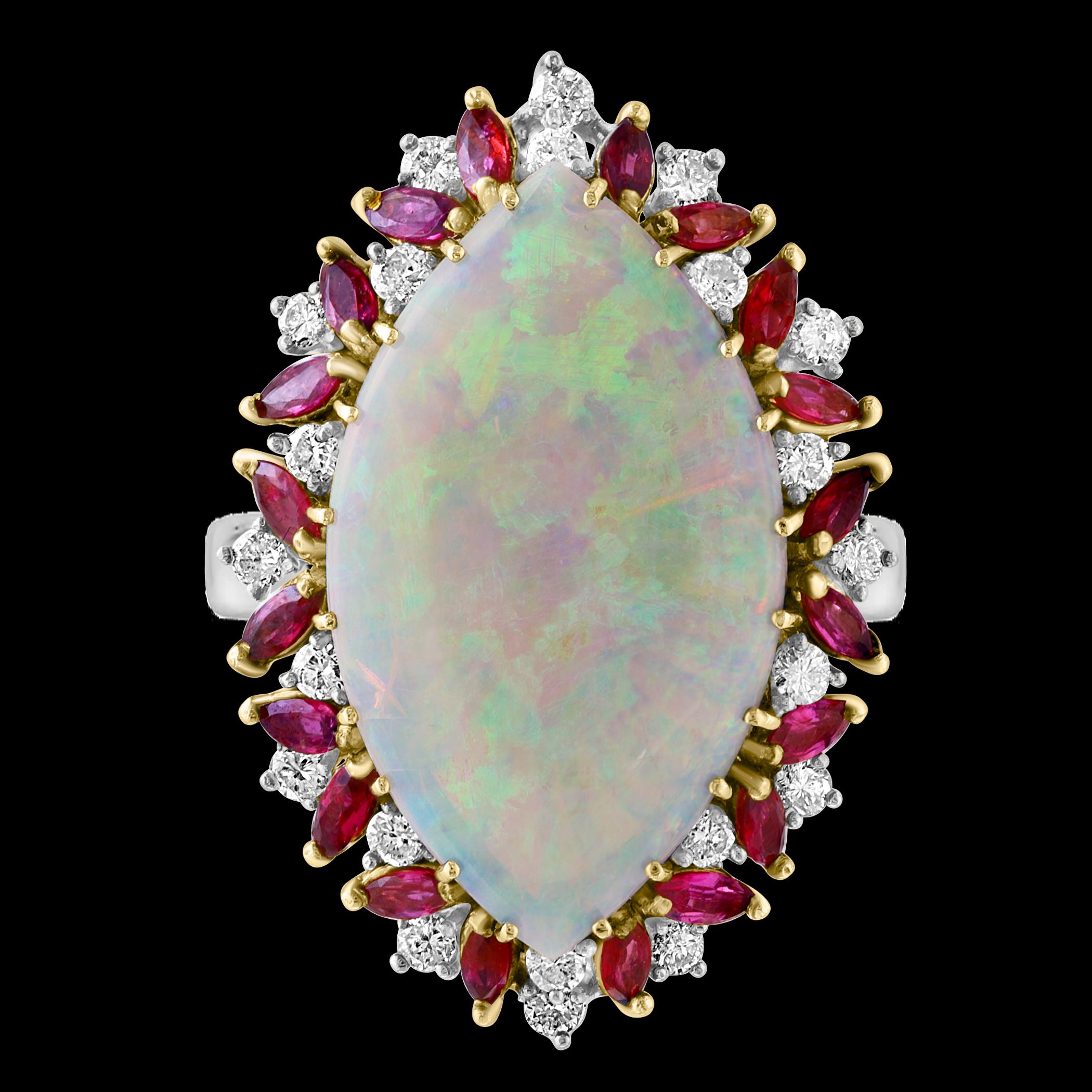 Pear Cut 34X20 MM Marquise Opal , Diamond & Ruby 14 Kt Yellow Gold Cocktail Ring, 1960's