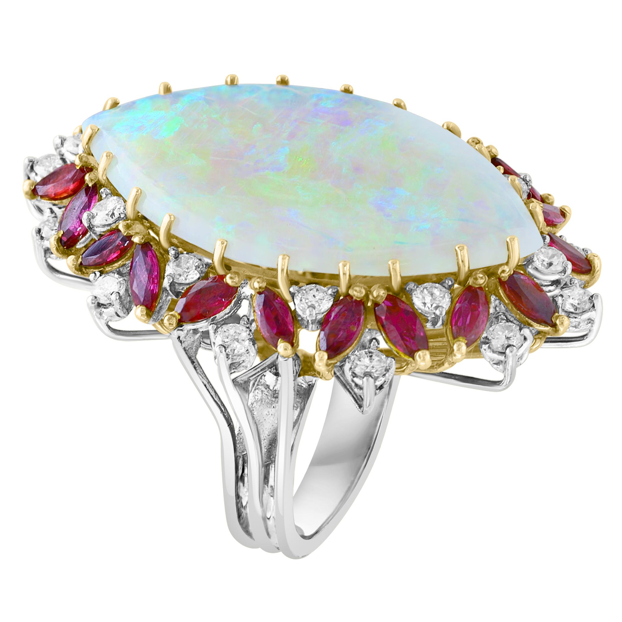 34X20 MM Marquise Opal , Diamond & Ruby 14 Kt Yellow Gold Cocktail Ring, 1960's In Excellent Condition For Sale In New York, NY