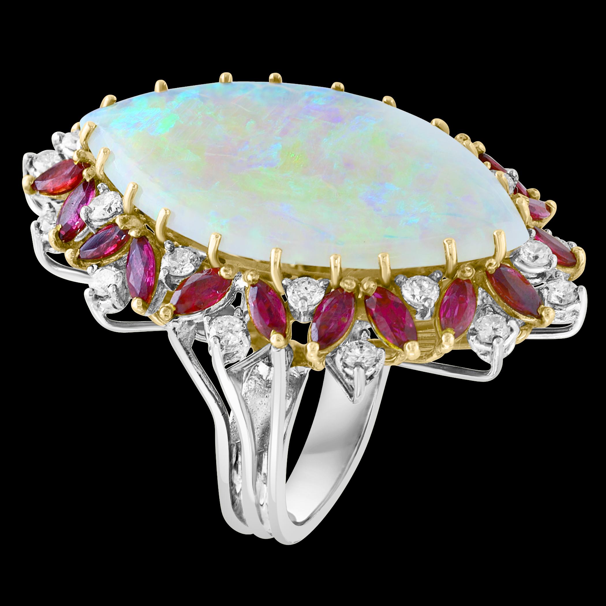Women's 34X20 MM Marquise Opal , Diamond & Ruby 14 Kt Yellow Gold Cocktail Ring, 1960's For Sale
