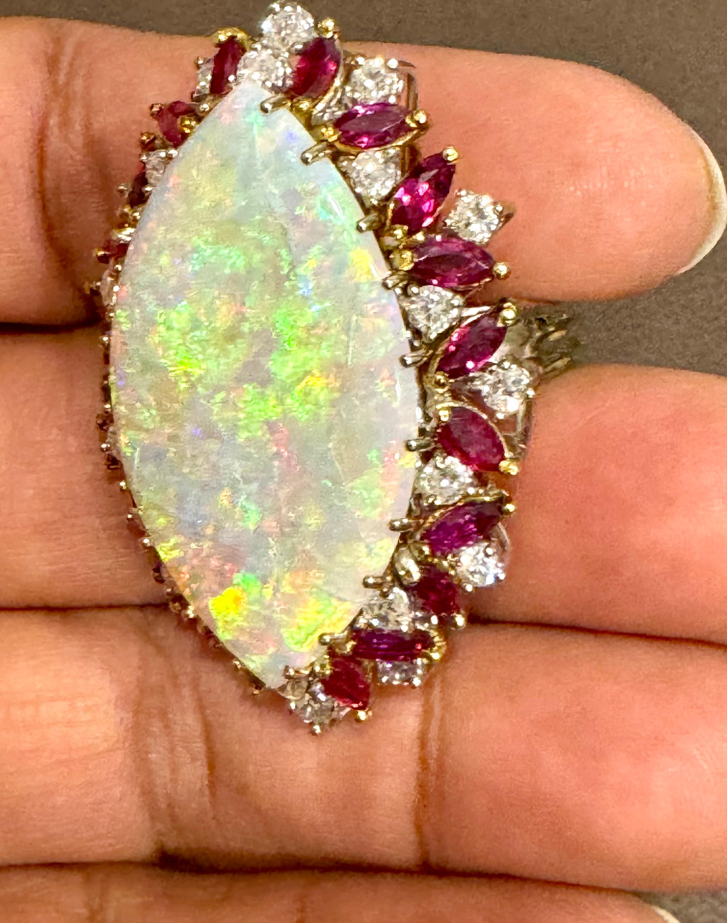 34X20 MM Marquise Opal , Diamond & Ruby 14 Kt Yellow Gold Cocktail Ring, 1960's 1