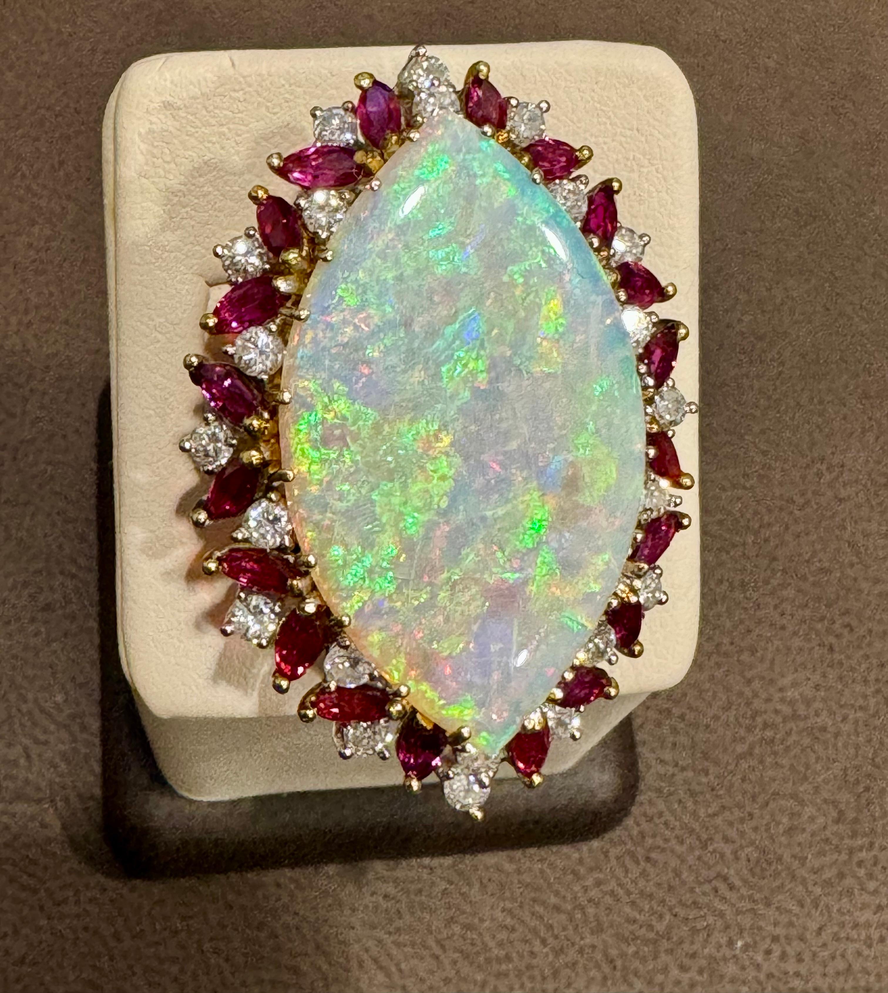 34X20 MM Marquise Opal , Diamond & Ruby 14 Kt Yellow Gold Cocktail Ring, 1960's 4