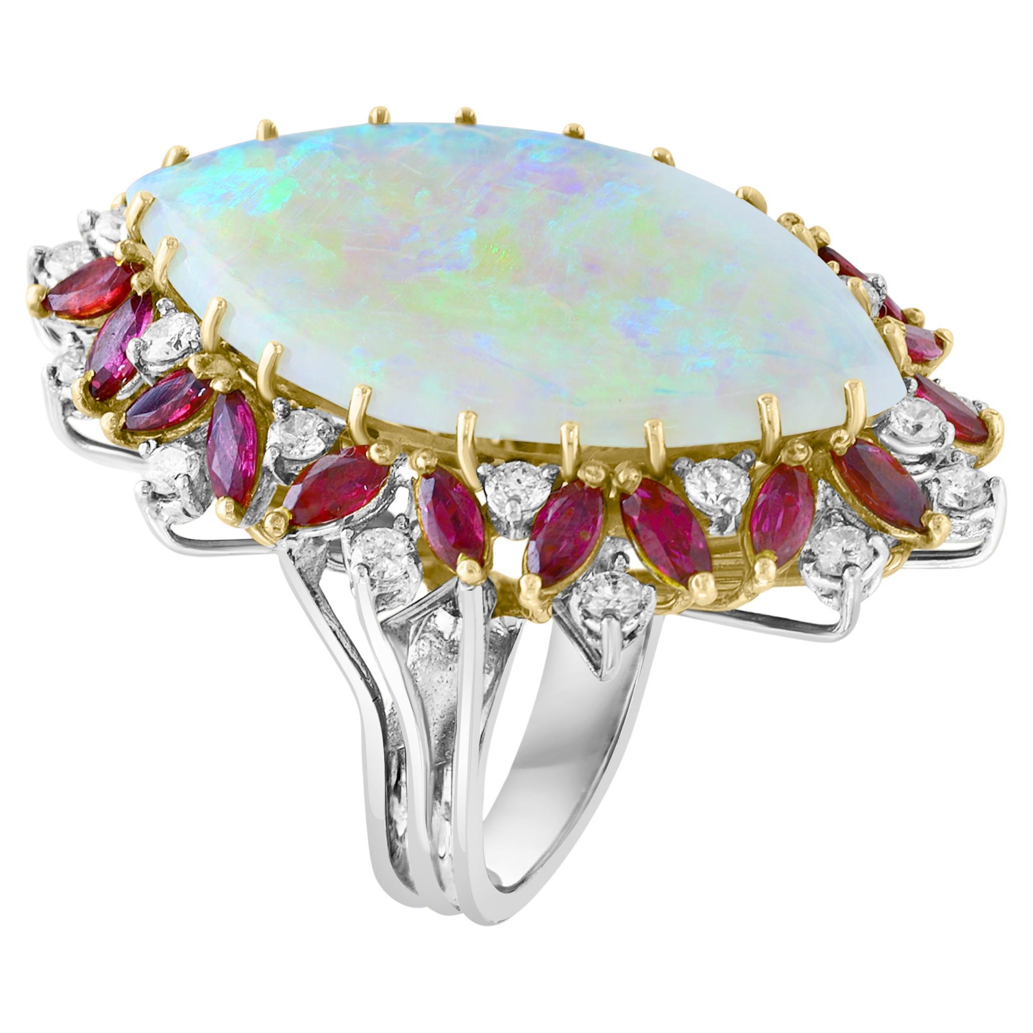 34X20 MM Marquise Opal , Diamond & Ruby 14 Kt Yellow Gold Cocktail Ring, 1960's For Sale
