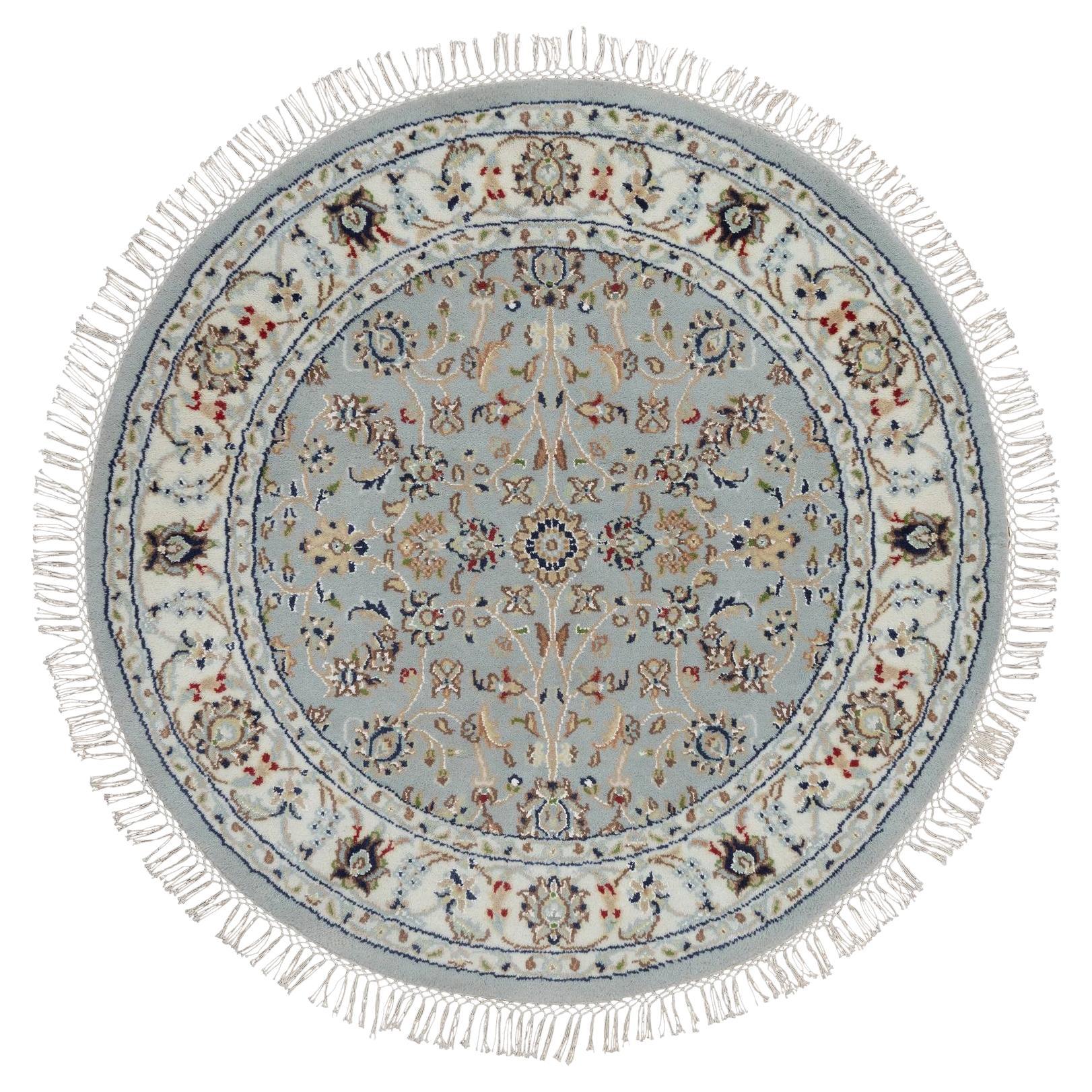 3
4"x3
4" Blue Wool and Silk Nain with All Over Design Hand Knotted Round Rug
