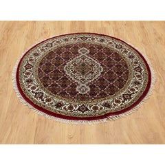 3'4"x3'4" Red Hand Knotted Wool Tabriz Mahi Fish Design Oriental Rug