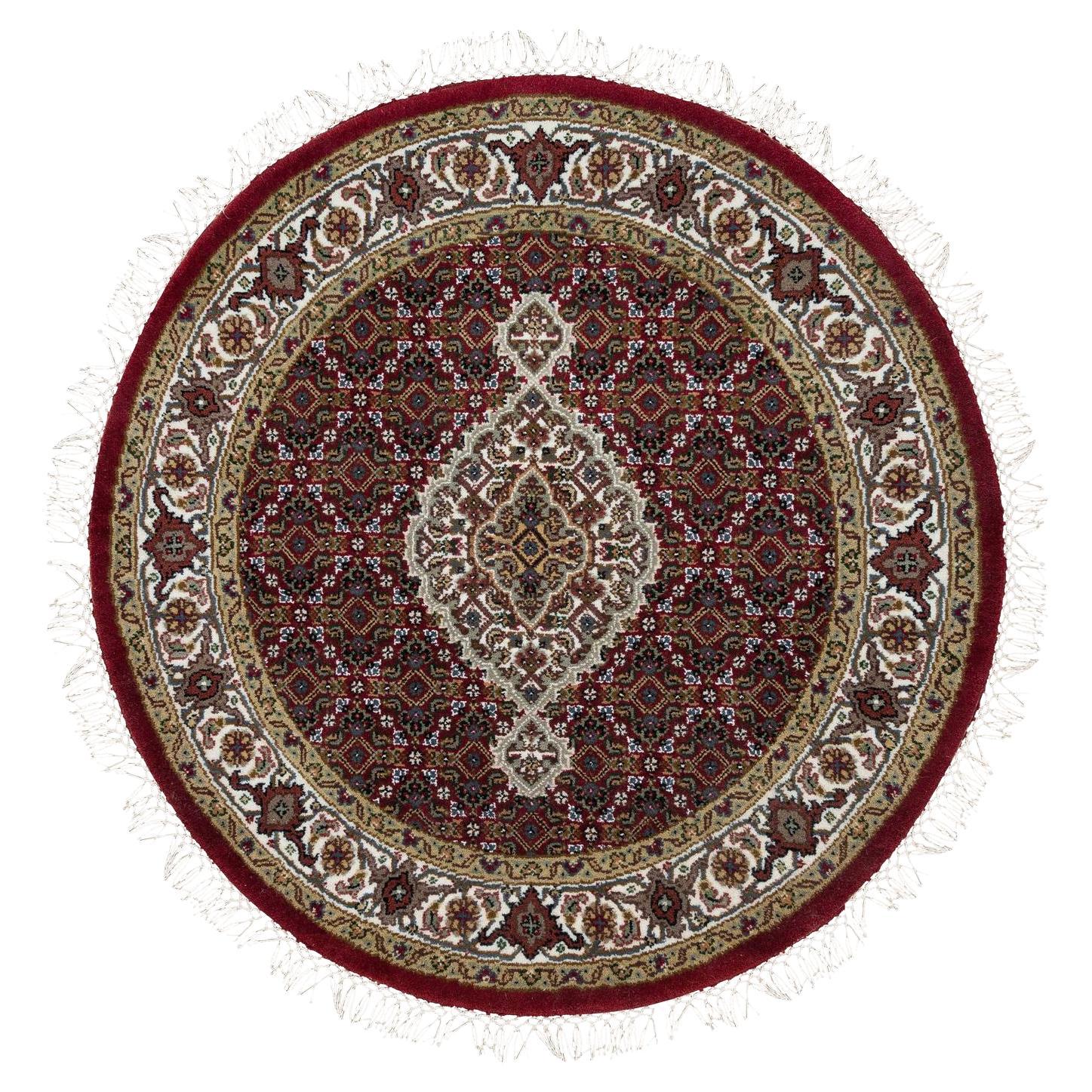 3'4"x3'4" Red Tabriz Medallion Design Pure Wool 175 KPSI Hand Knotted Round Rug