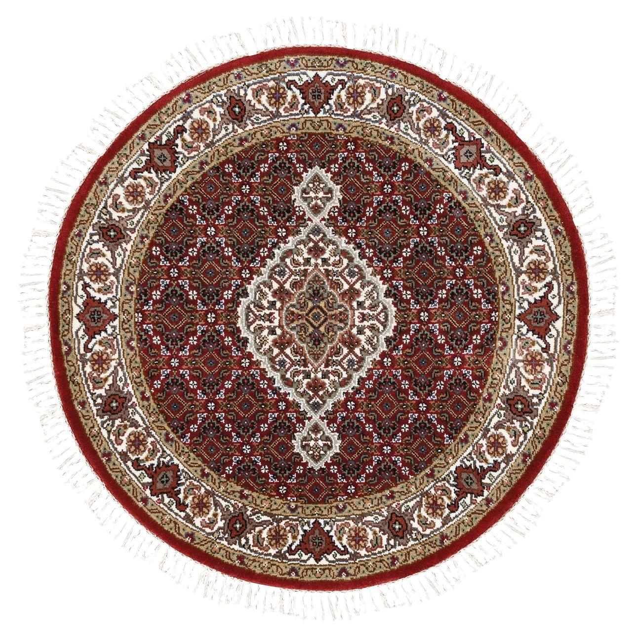 3'4"x3'4" Red Wool Fish Design Tabriz Mahi Hand Knotted Round Rug