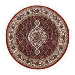 3'4"x3'4" Red Wool Fish Design Tabriz Mahi Hand Knotted Round Rug