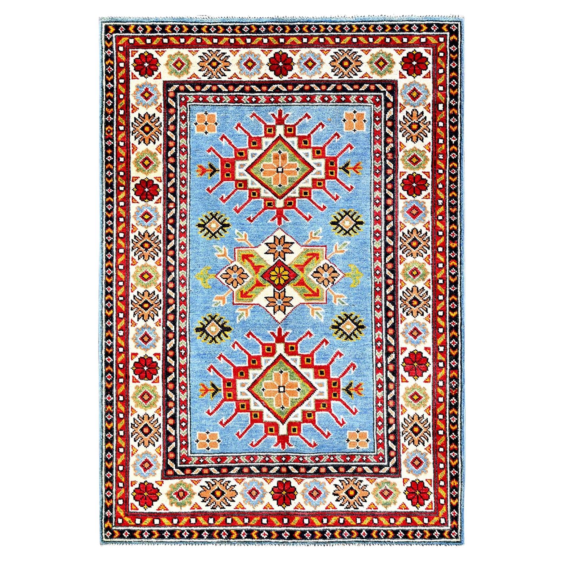3
4 "x4
10" Blauer Kazak mit geometrischen Medaillons Design Handgeknüpfter Wollteppich