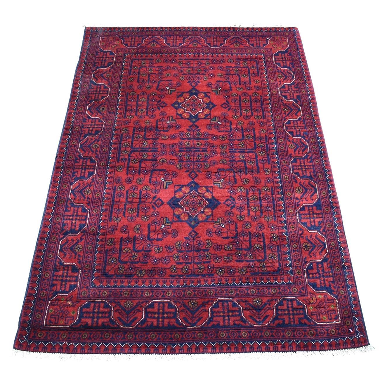 3
4"x4
10" Deep and Saturated Red Afghan Khamyab Geometric Design Pure Wool Rug