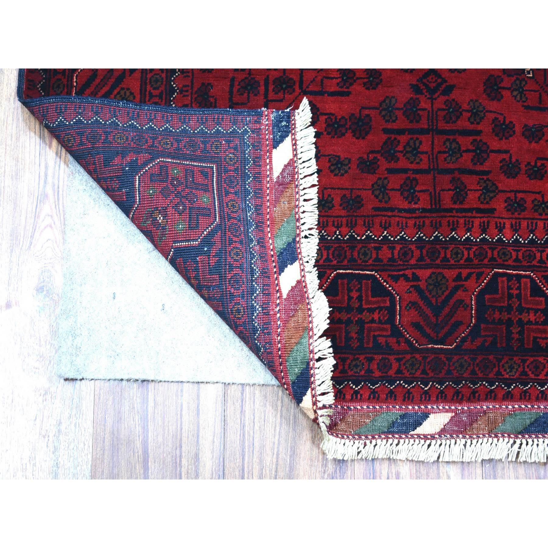 This is a truly genuine one-of-a-kind Deep and Saturated Red with Touches of Blue, Shiny Wool Hand Knotted, Afghan Khamyab with Geometric Design, Oriental Rug. It has been Knotted for months and months in the centuries-old weaving craftsmanship