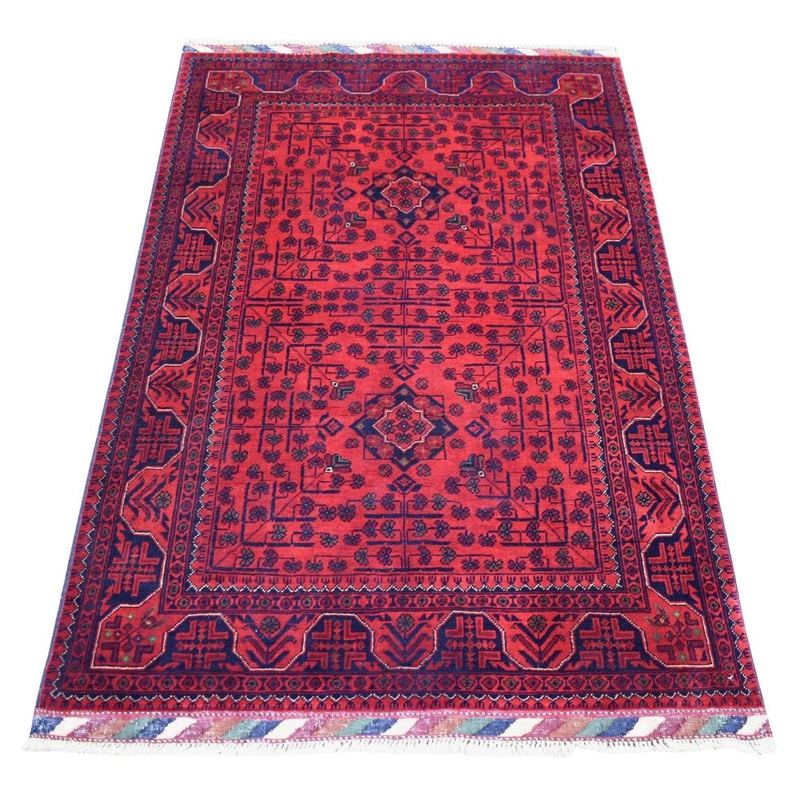 3'4"x4'10" Deep and Saturated Red Shiny Wool Hand Knotted Afghan Khamyab Rug