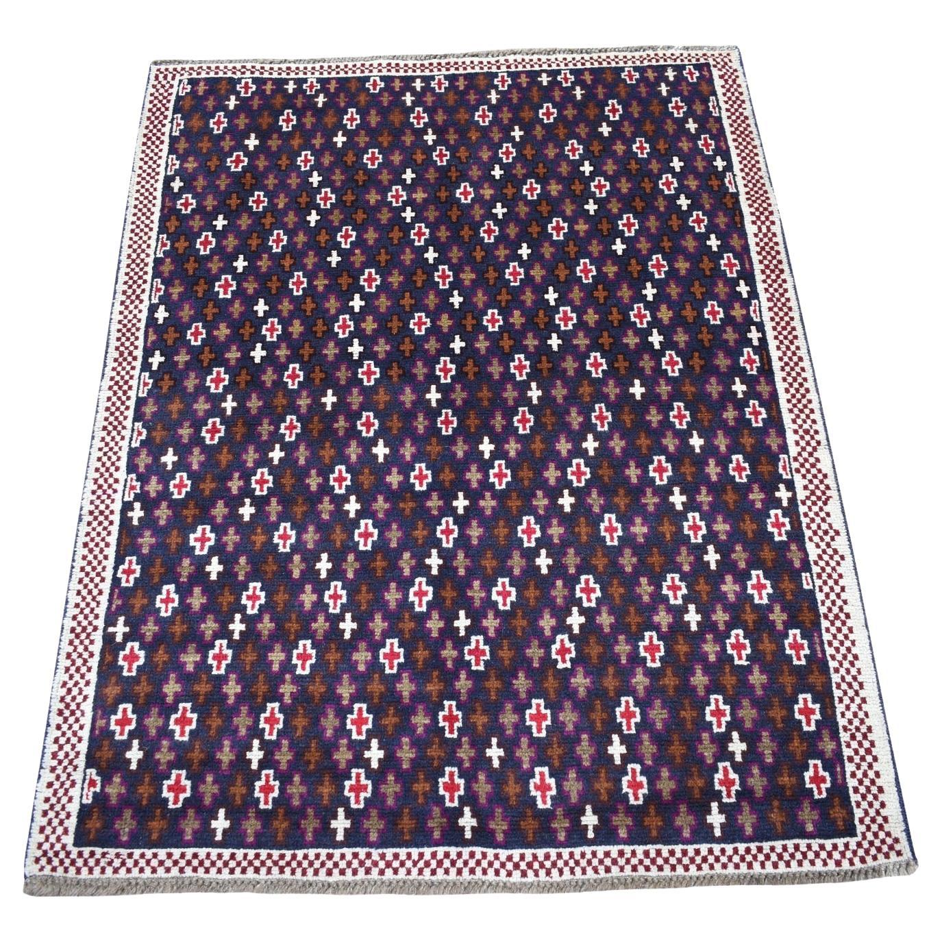 3'4 "x4'6" Blue All Over Design Colorful Afghan Baluch Hand Knotted Wool Rug (tapis de laine noué à la main)