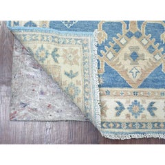 3'4"x4'7" Blue Vintage Look Kazak with Geometric Medallion Hand Knotted Wool Rug