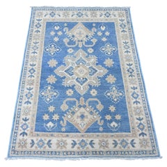 3'4"x4'7" Blue Vintage Look Kazak with Geometric Medallion Hand Knotted Wool Rug
