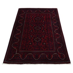 3'4"x4'8" Chocolate Cosmos Red Afghan Khamyab 100% Wool Hand Knotted Rug