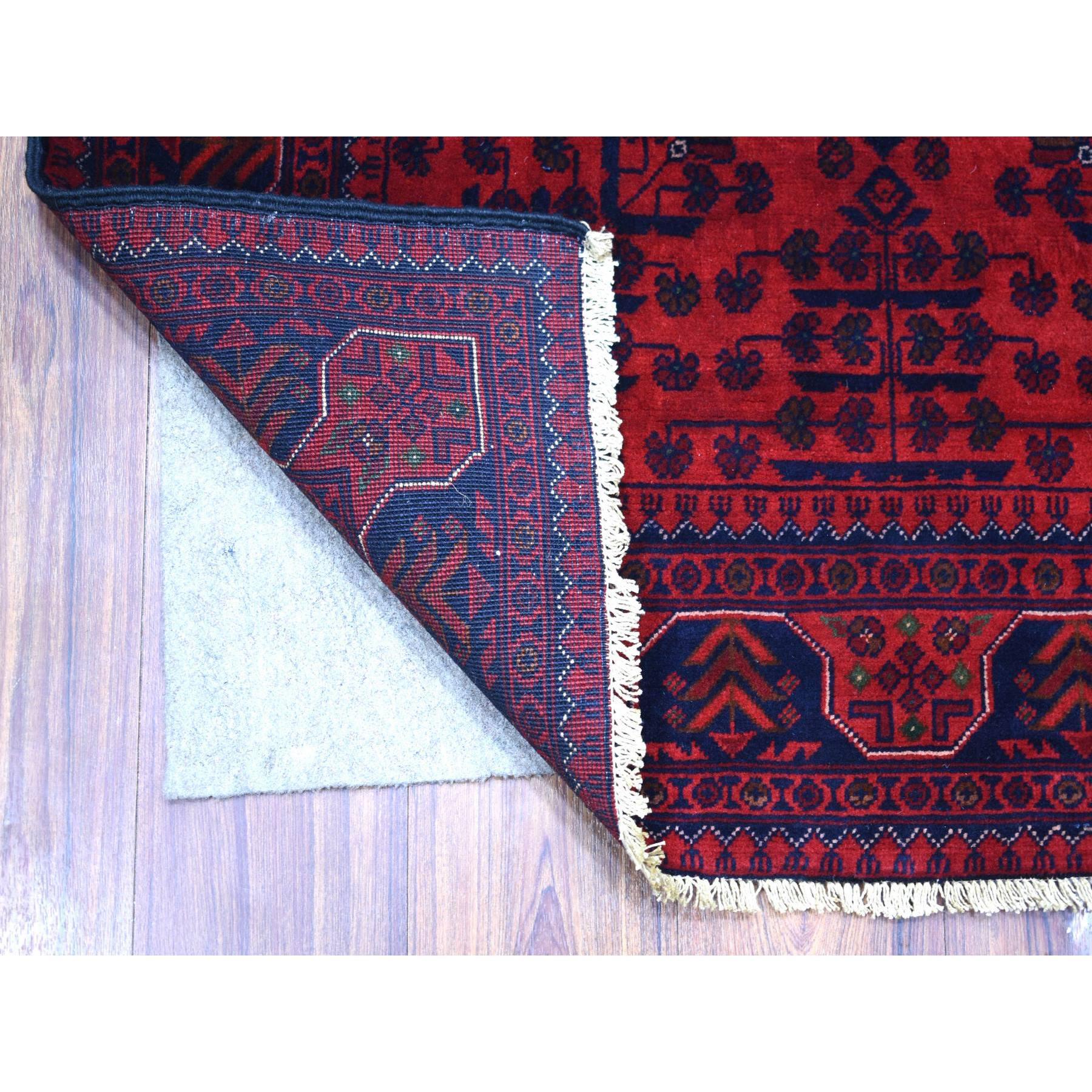 This is a truly genuine one-of-a-kind Deep and Saturated Red with Touches of Blue, Pure Wool Hand Knotted, Afghan Khamyab with Geometric Design, Oriental Rug. It has been Knotted for months and months in the centuries-old weaving craftsmanship
