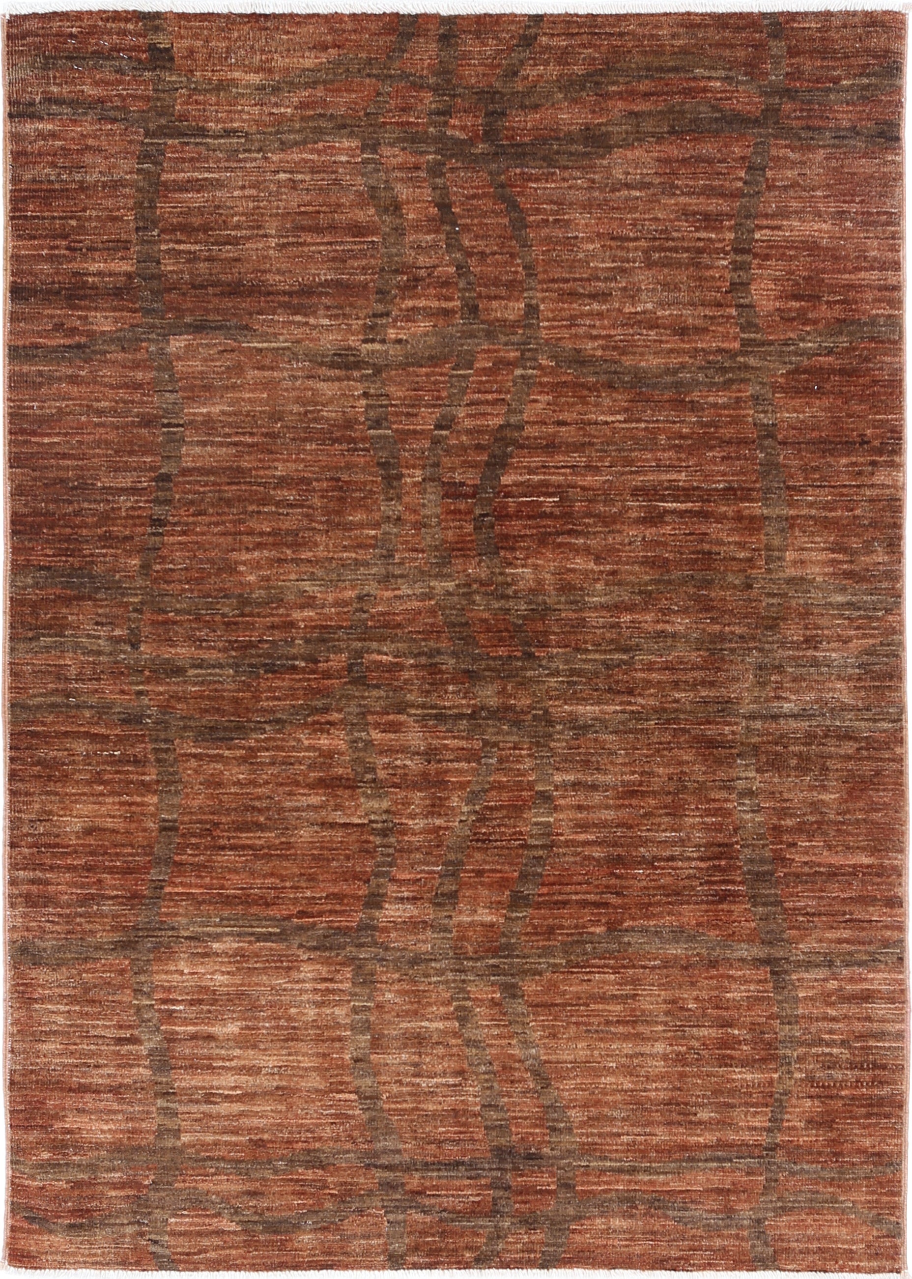 3.4x4.8 ft Hand Knotted Rust and Brown Wool Area Rug. Abstract Linear Rug