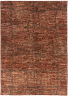 Alfombra de lana marrón y óxido anudada a mano de 1,5 x 1,8 m. Alfombra lineal abstracta