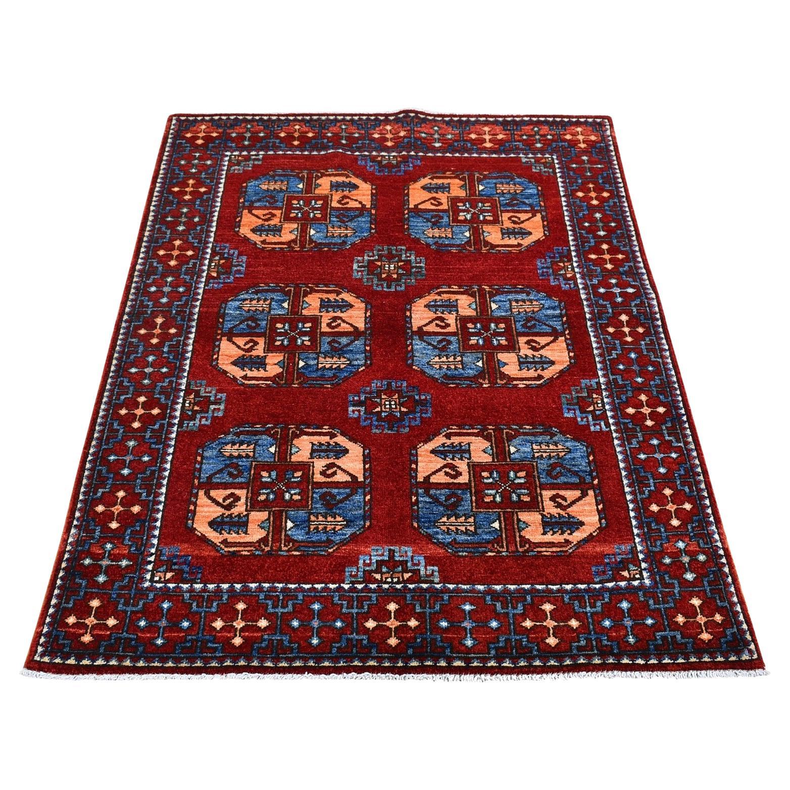 3'4"x4'8" Red Wool Geometric Afghan Ersari with Elephant Feet Design Rug For Sale