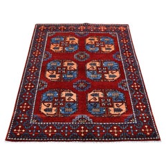 3'4"x4'8" Red Wool Geometric Afghan Ersari with Elephant Feet Design Rug