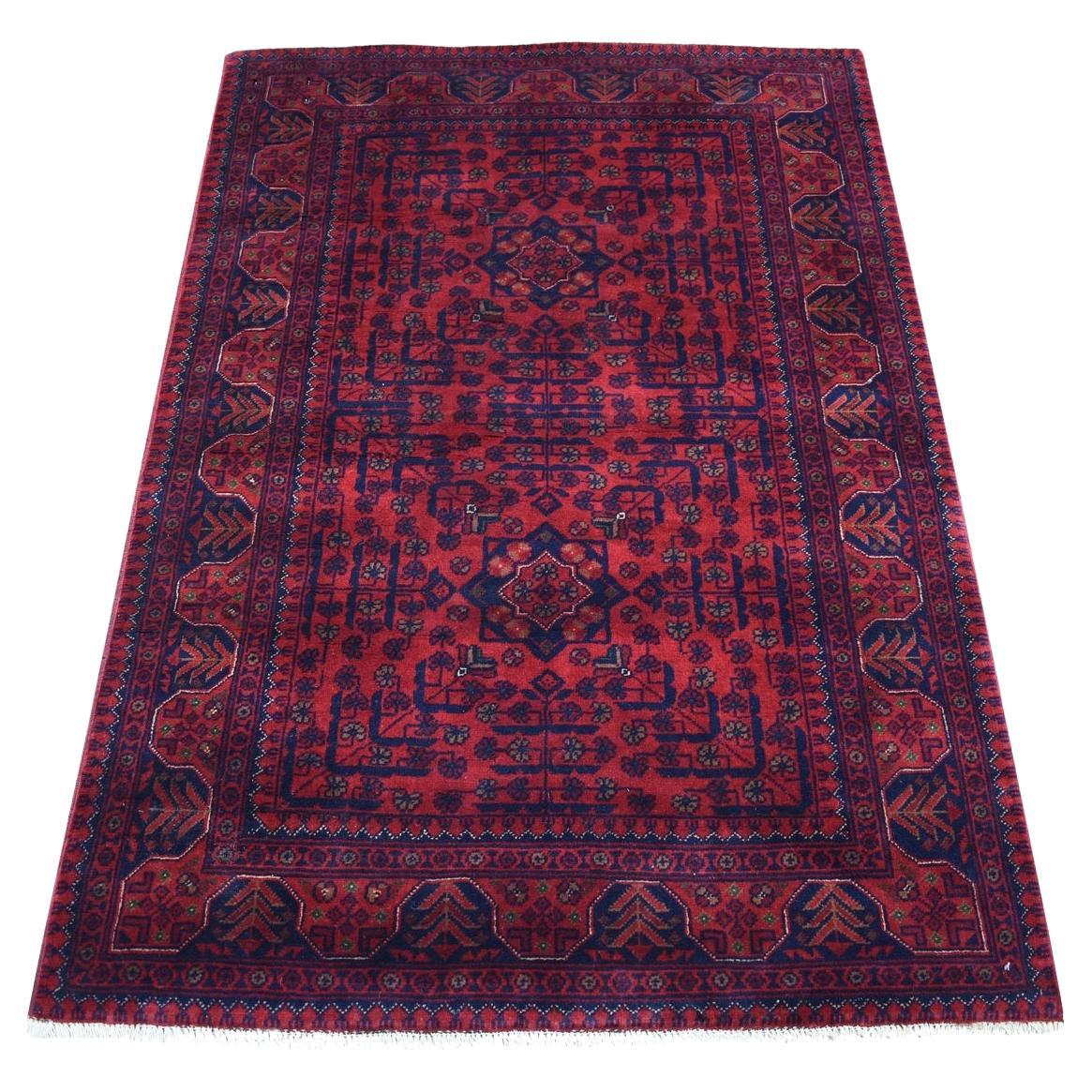 3'4"x4'9" Afghan Khamyab Soft Wool Deep and Saturated Red Hand Knotted Rug